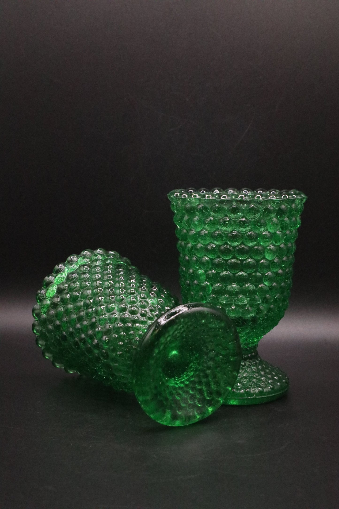 VINTAGE HOBNAIL GREEN GLASS PEDESTAL VOTIVE CANDLE HOLDER SET OF 2