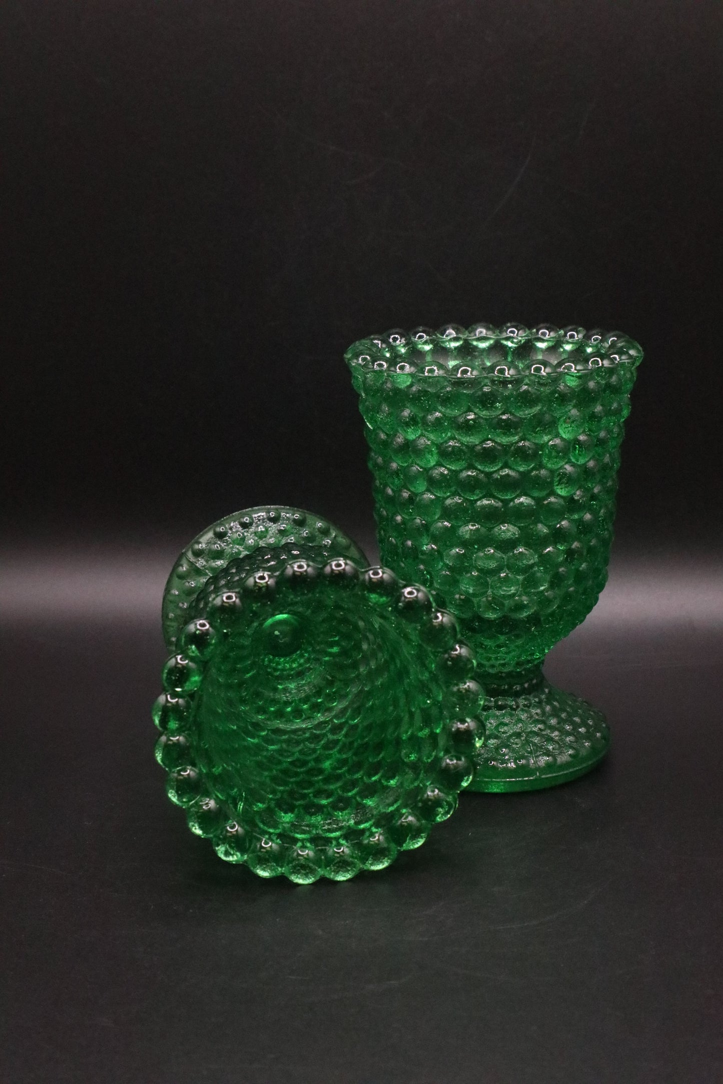 VINTAGE HOBNAIL GREEN GLASS PEDESTAL VOTIVE CANDLE HOLDER SET OF 2