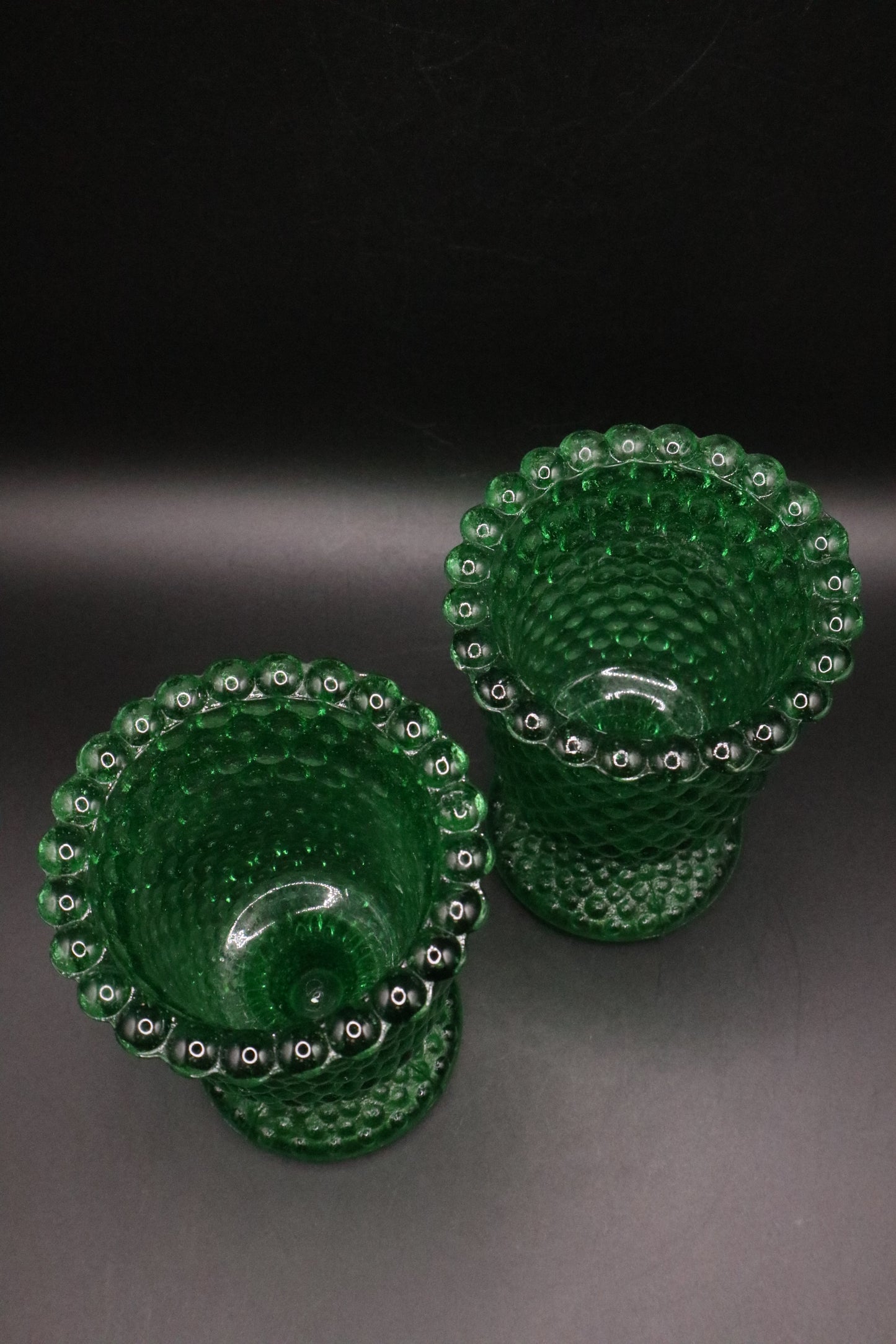 VINTAGE HOBNAIL GREEN GLASS PEDESTAL VOTIVE CANDLE HOLDER SET OF 2