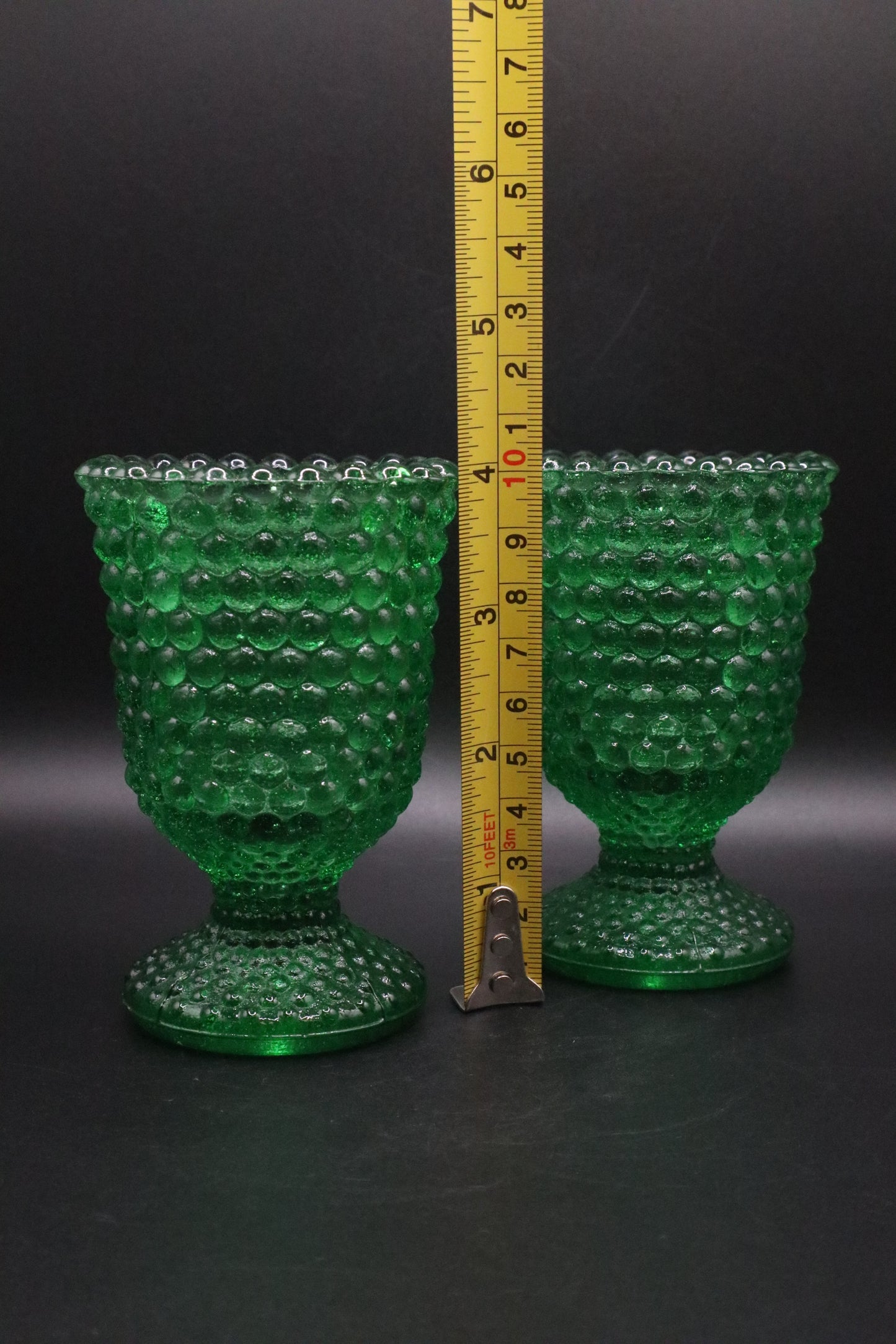 VINTAGE HOBNAIL GREEN GLASS PEDESTAL VOTIVE CANDLE HOLDER SET OF 2
