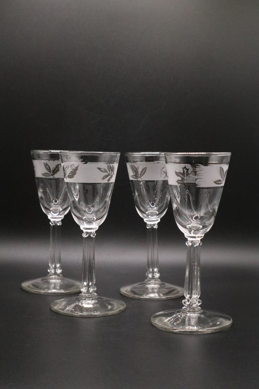 4 LIBBEY SILVER LEAF CORDIAL SHOT GLASSES