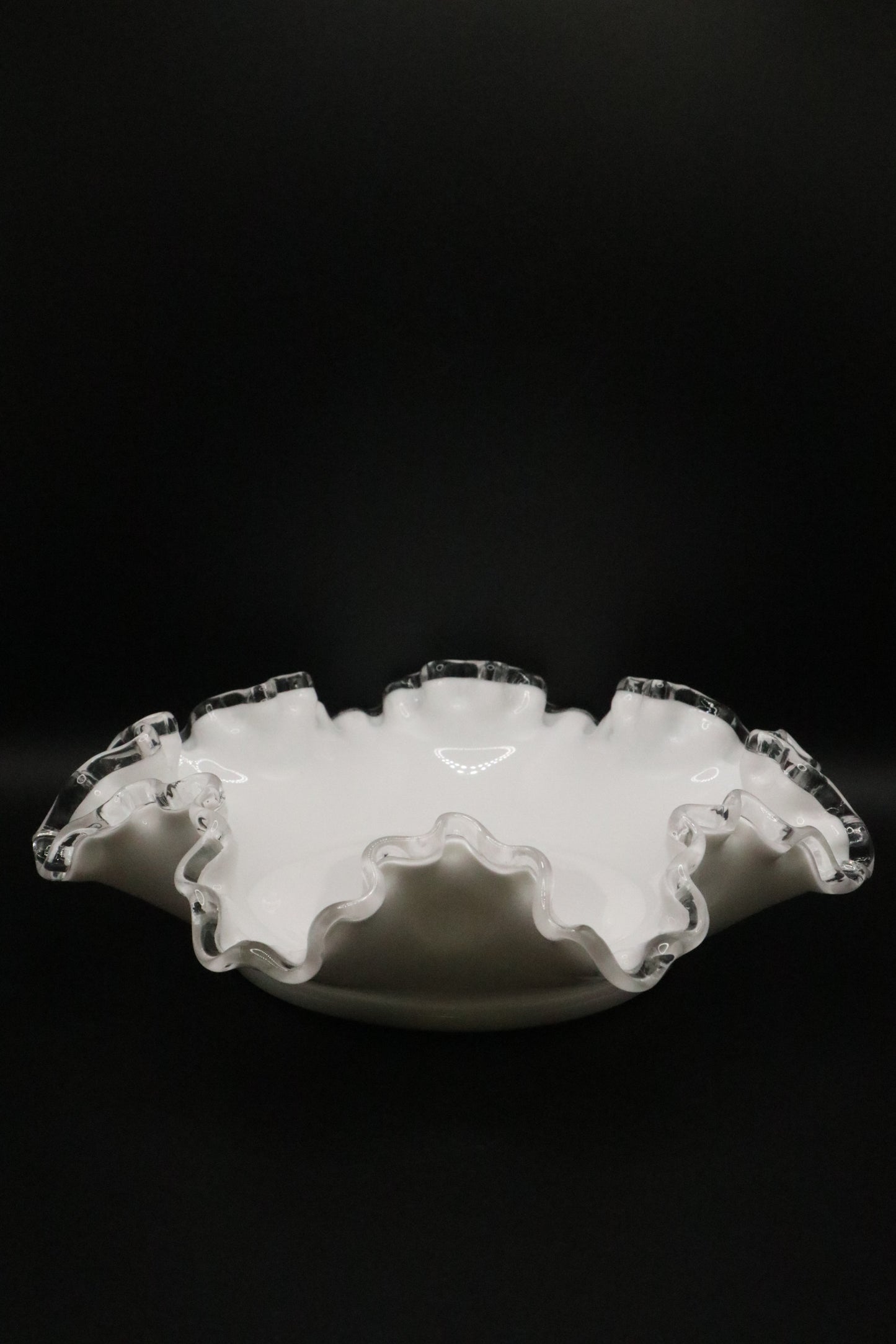 FENTON MILK GLASS WITH CLEAR CREST RUFFLE BOWL