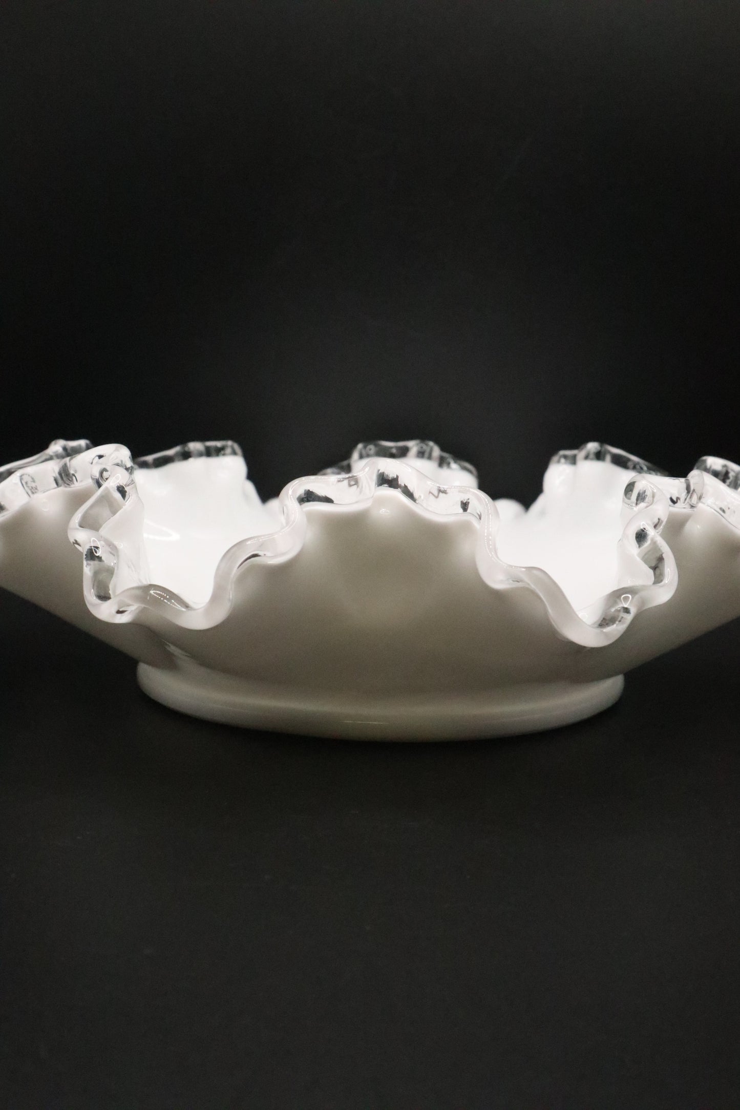 FENTON MILK GLASS WITH CLEAR CREST RUFFLE BOWL