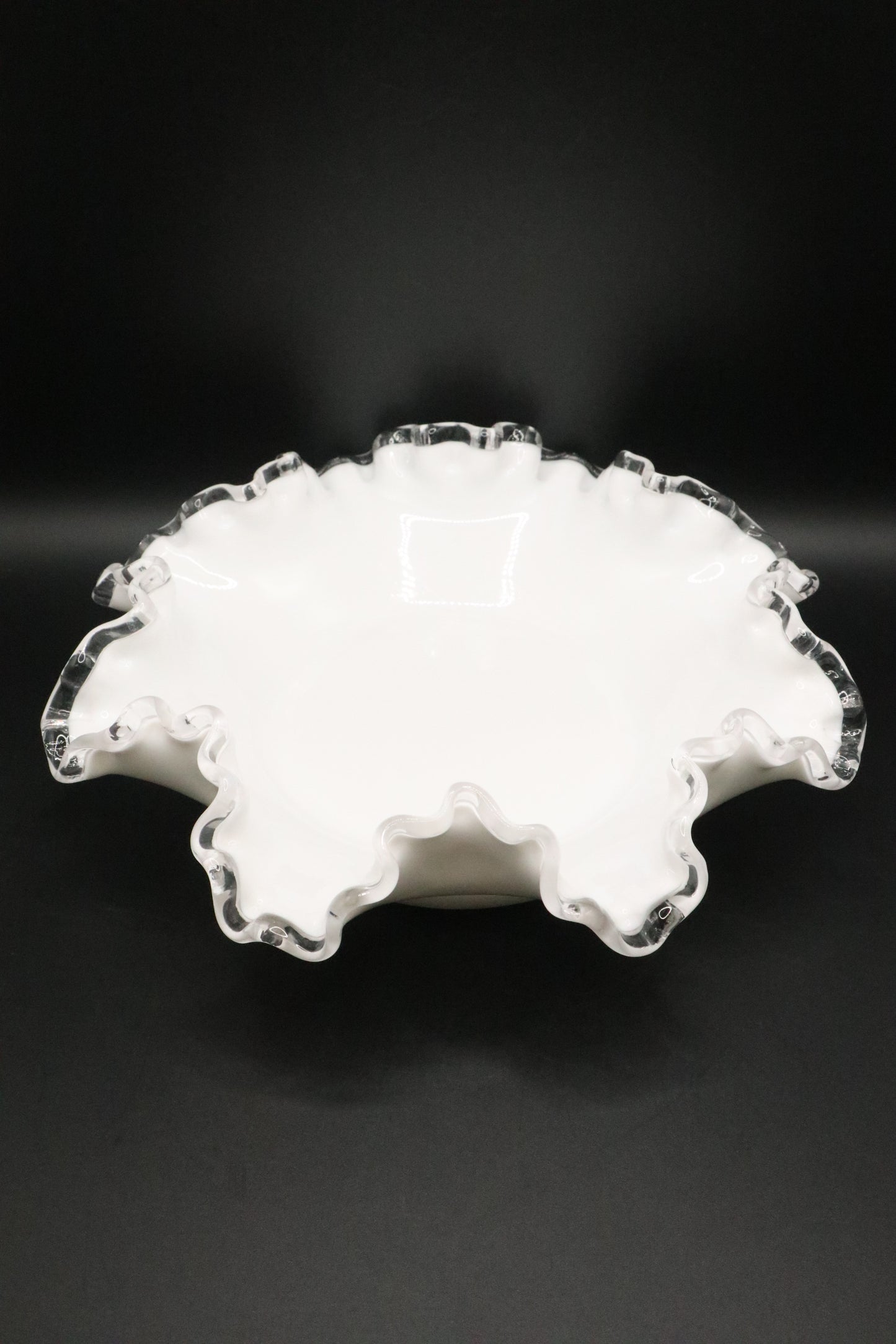 FENTON MILK GLASS WITH CLEAR CREST RUFFLE BOWL