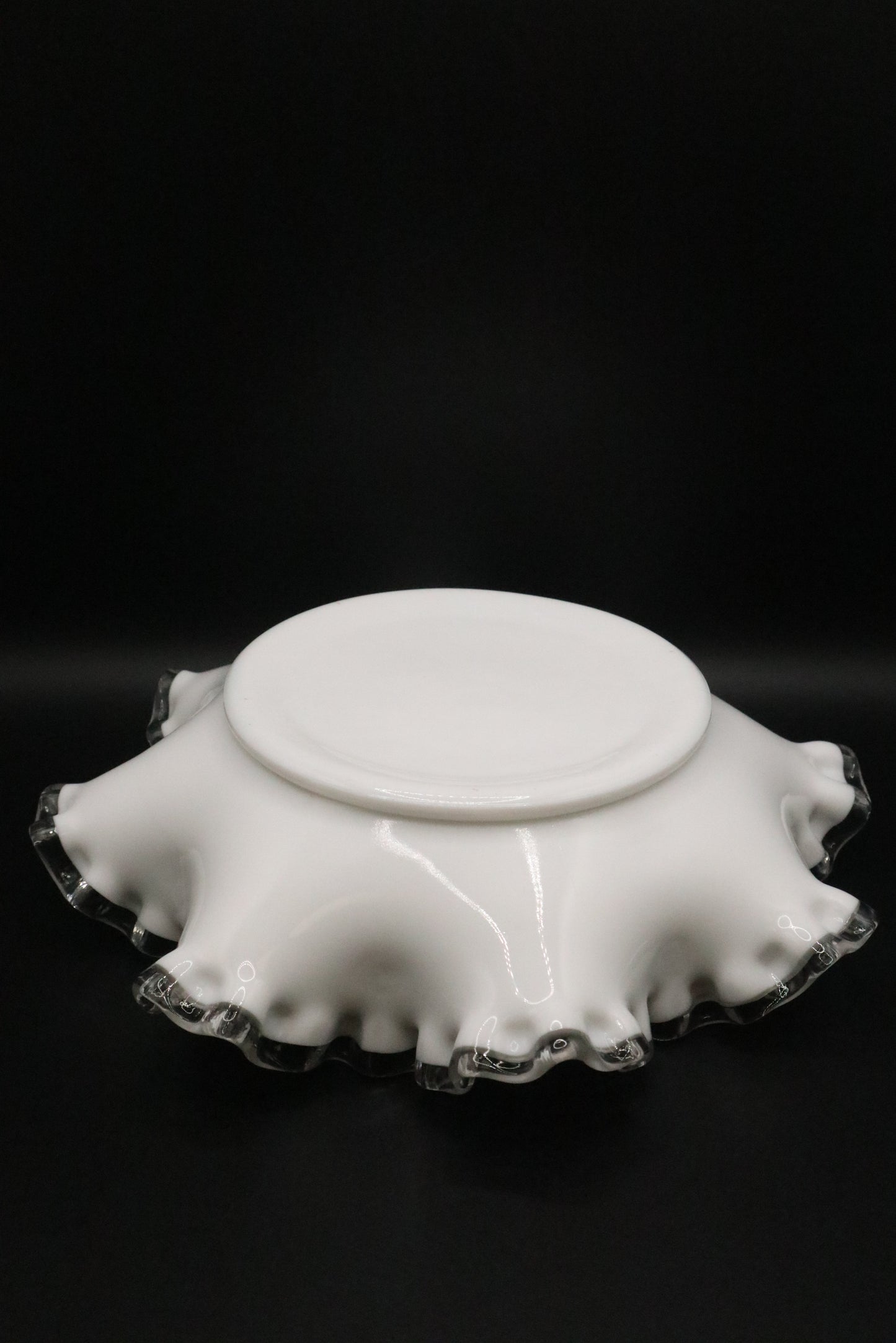 FENTON MILK GLASS WITH CLEAR CREST RUFFLE BOWL