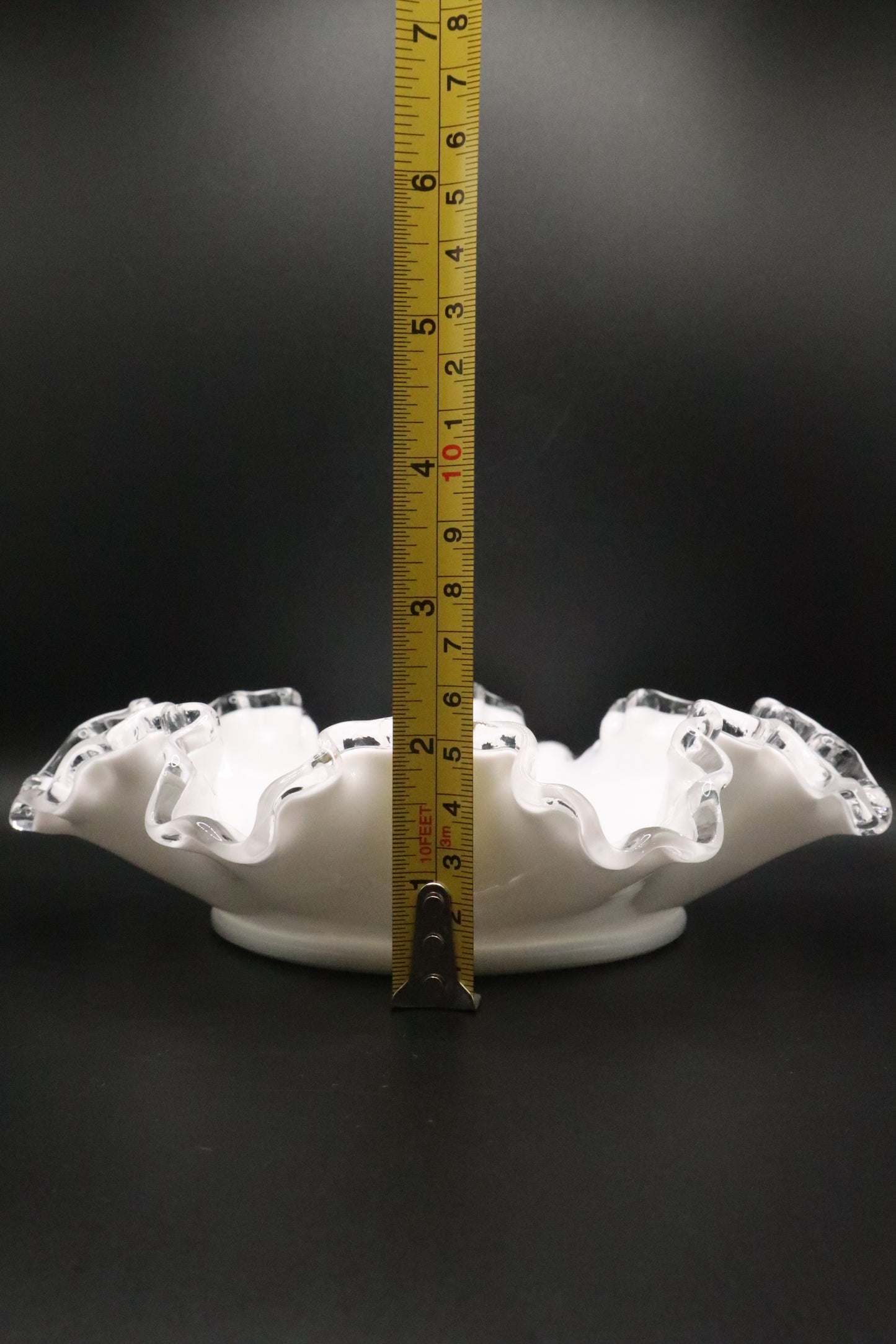 FENTON MILK GLASS WITH CLEAR CREST RUFFLE BOWL