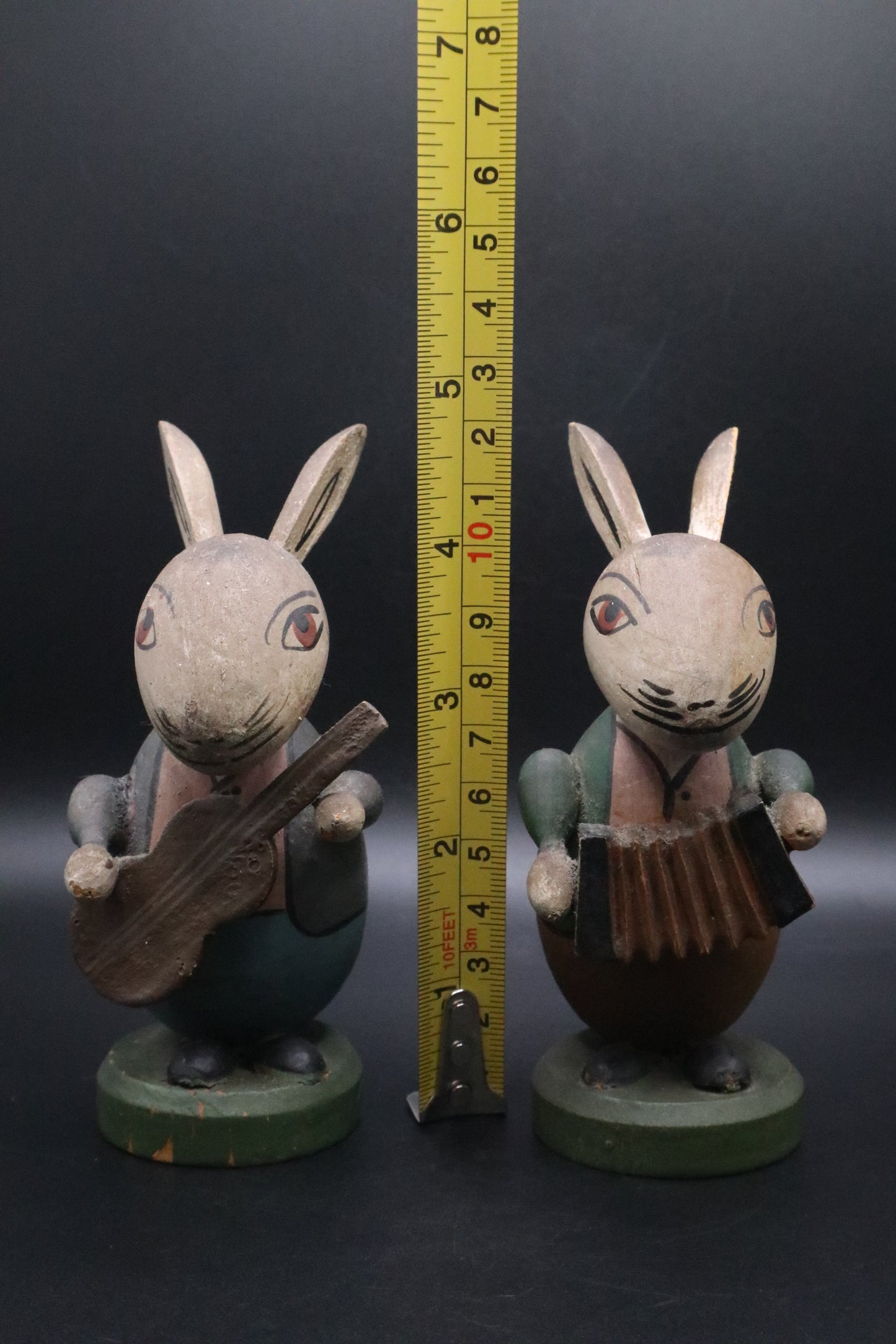 VINTAGE FOLK ART WOODEN MUSICIAN BUNNIES (SET OF 2)