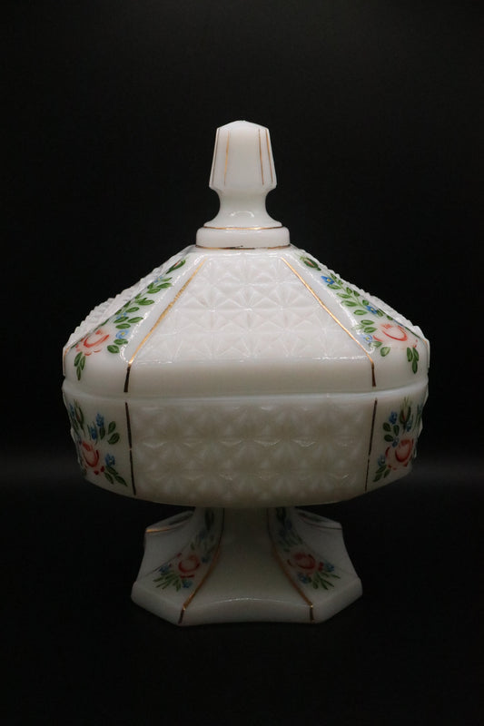 VINTAGE CONSOLIDATED GLASS COVERED CANDY BOX MILK GLASS CON CORA LINES PEDESTAL BASE ROSES GOLD