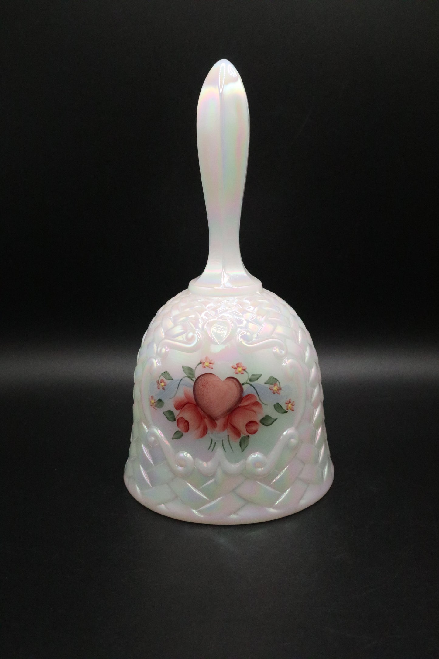 VINTAGE FENTON WHITE CARNIVAL GLASS BASKET WEAVE BELL