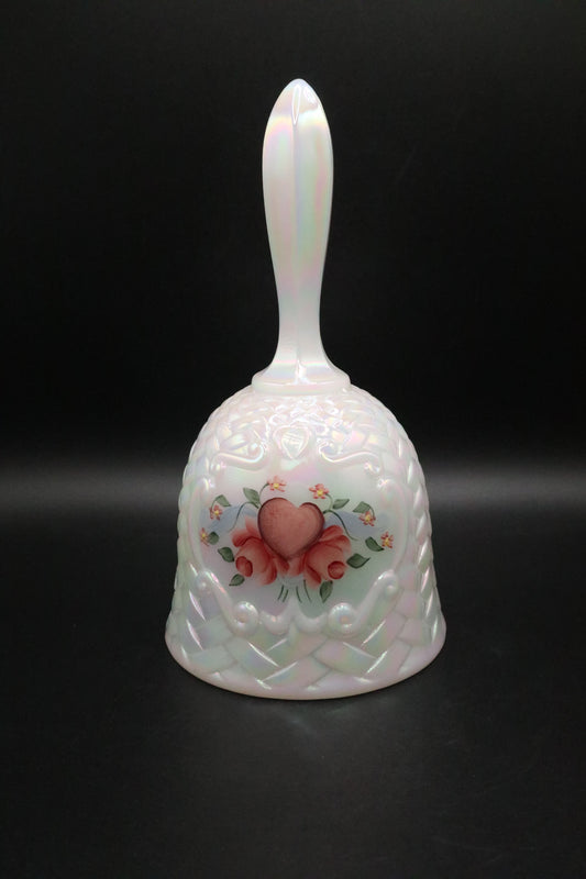 VINTAGE FENTON WHITE CARNIVAL GLASS BASKET WEAVE BELL