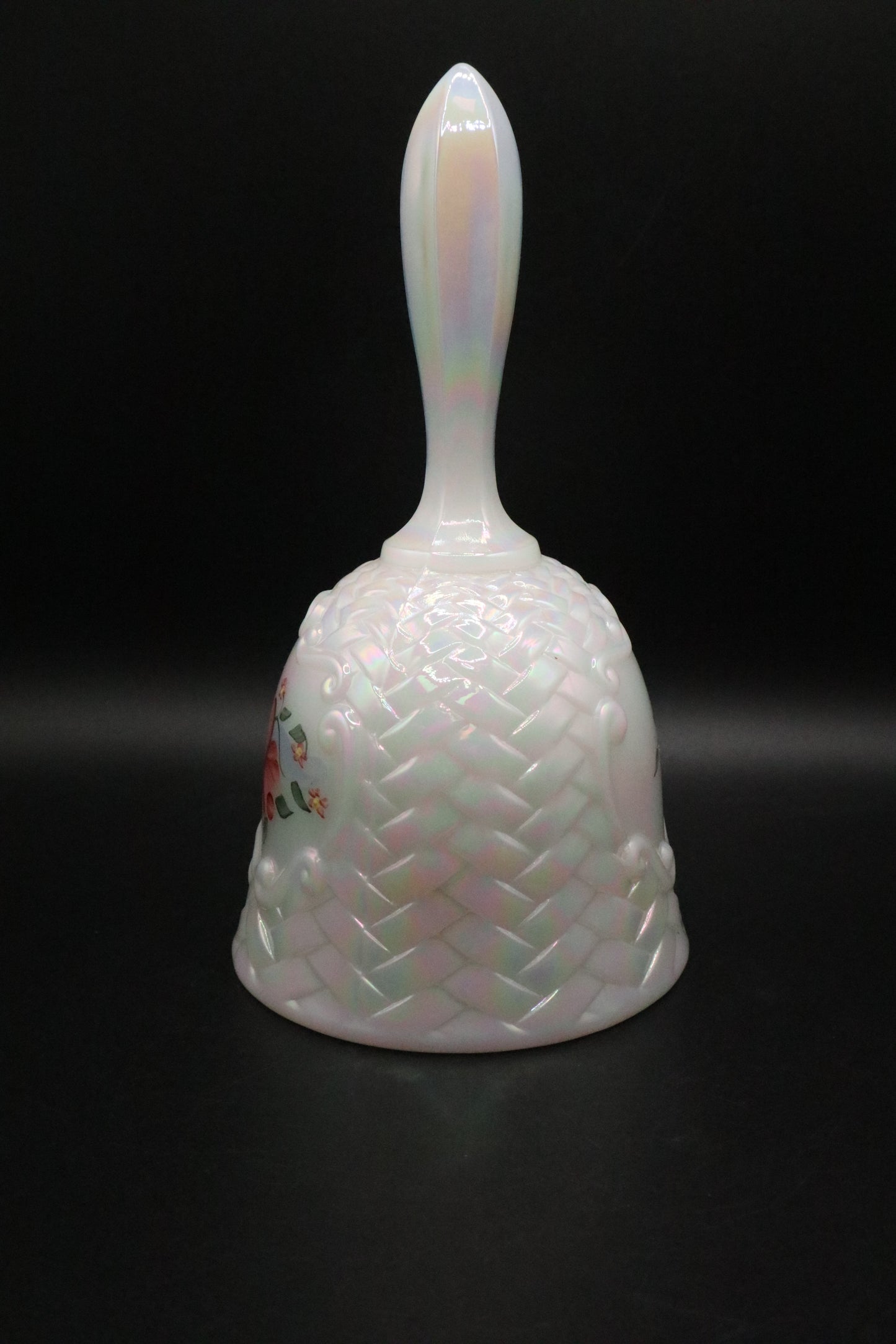 VINTAGE FENTON WHITE CARNIVAL GLASS BASKET WEAVE BELL