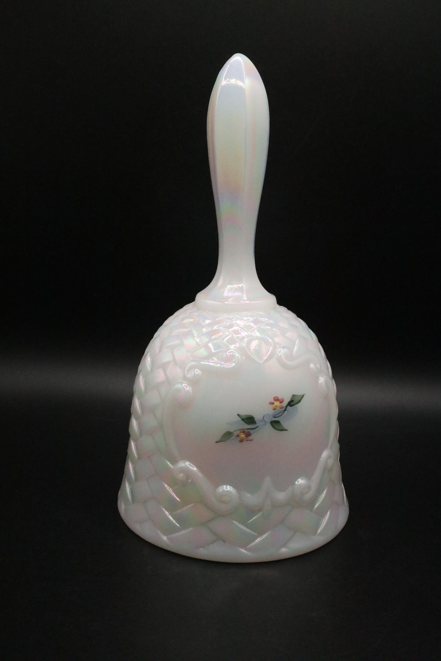 VINTAGE FENTON WHITE CARNIVAL GLASS BASKET WEAVE BELL
