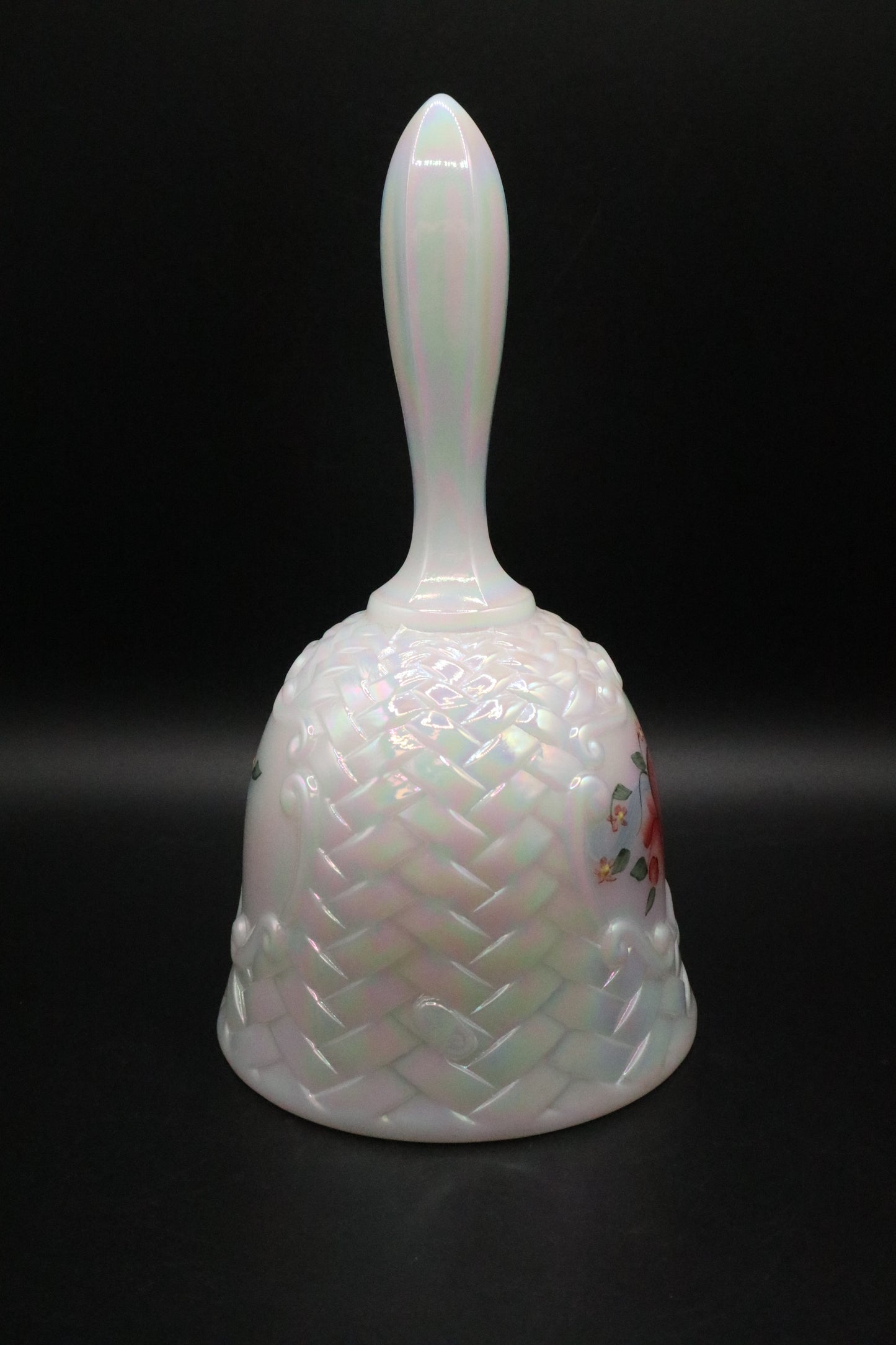 VINTAGE FENTON WHITE CARNIVAL GLASS BASKET WEAVE BELL