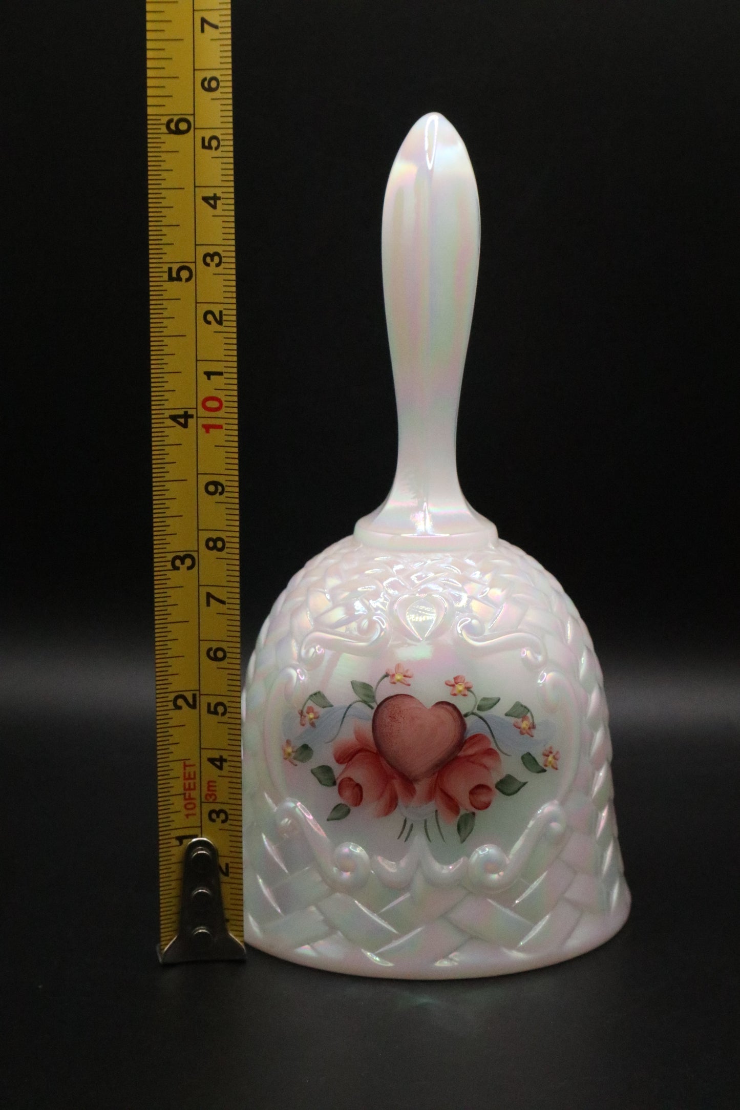 VINTAGE FENTON WHITE CARNIVAL GLASS BASKET WEAVE BELL