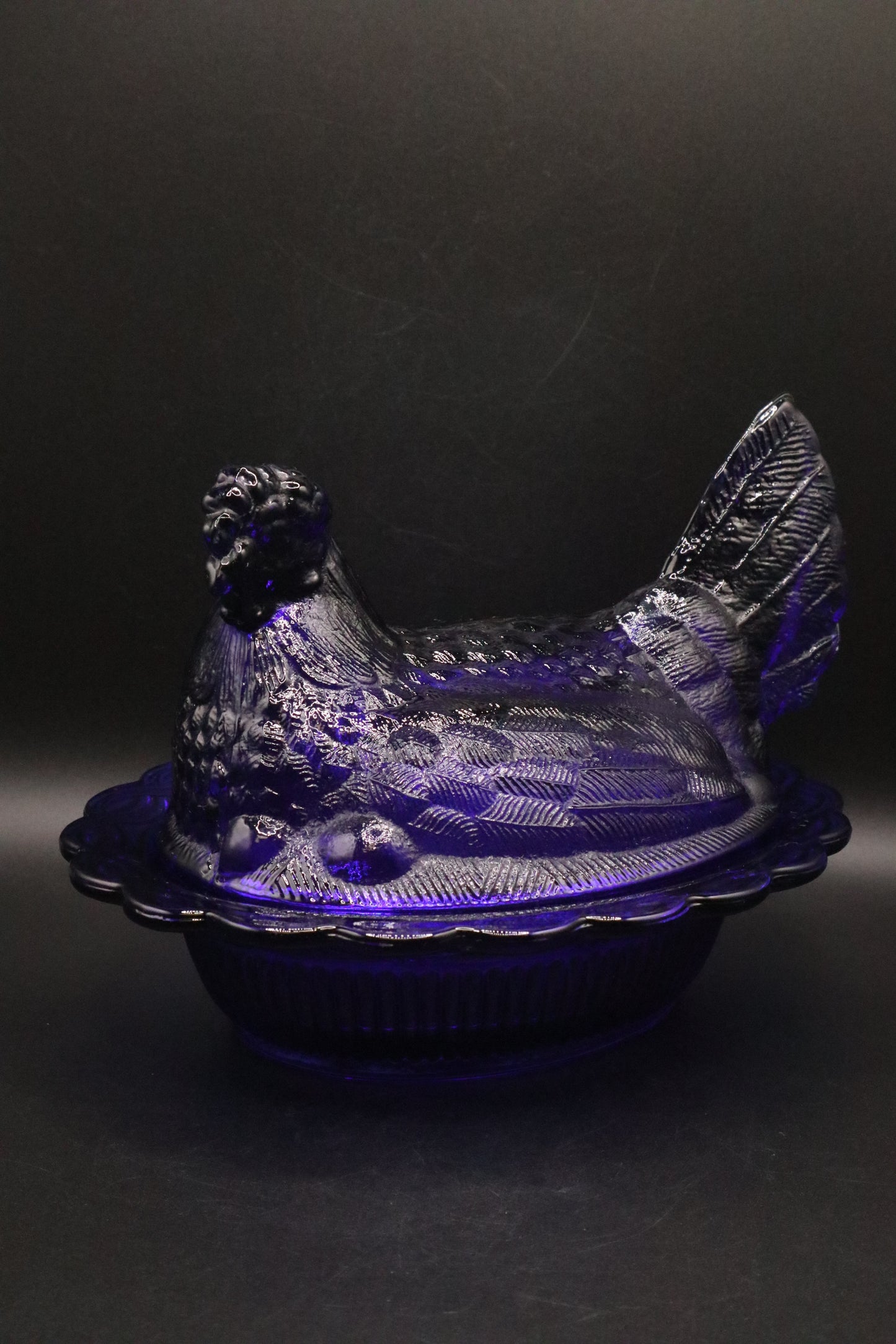 VINTAGE MOSSER GLASS COBALT BLUE HEN ON A NEST