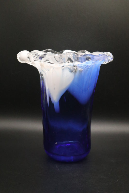 VINTAGE COBALT BLUE WHITE RUFFLE ART GLASS VASE