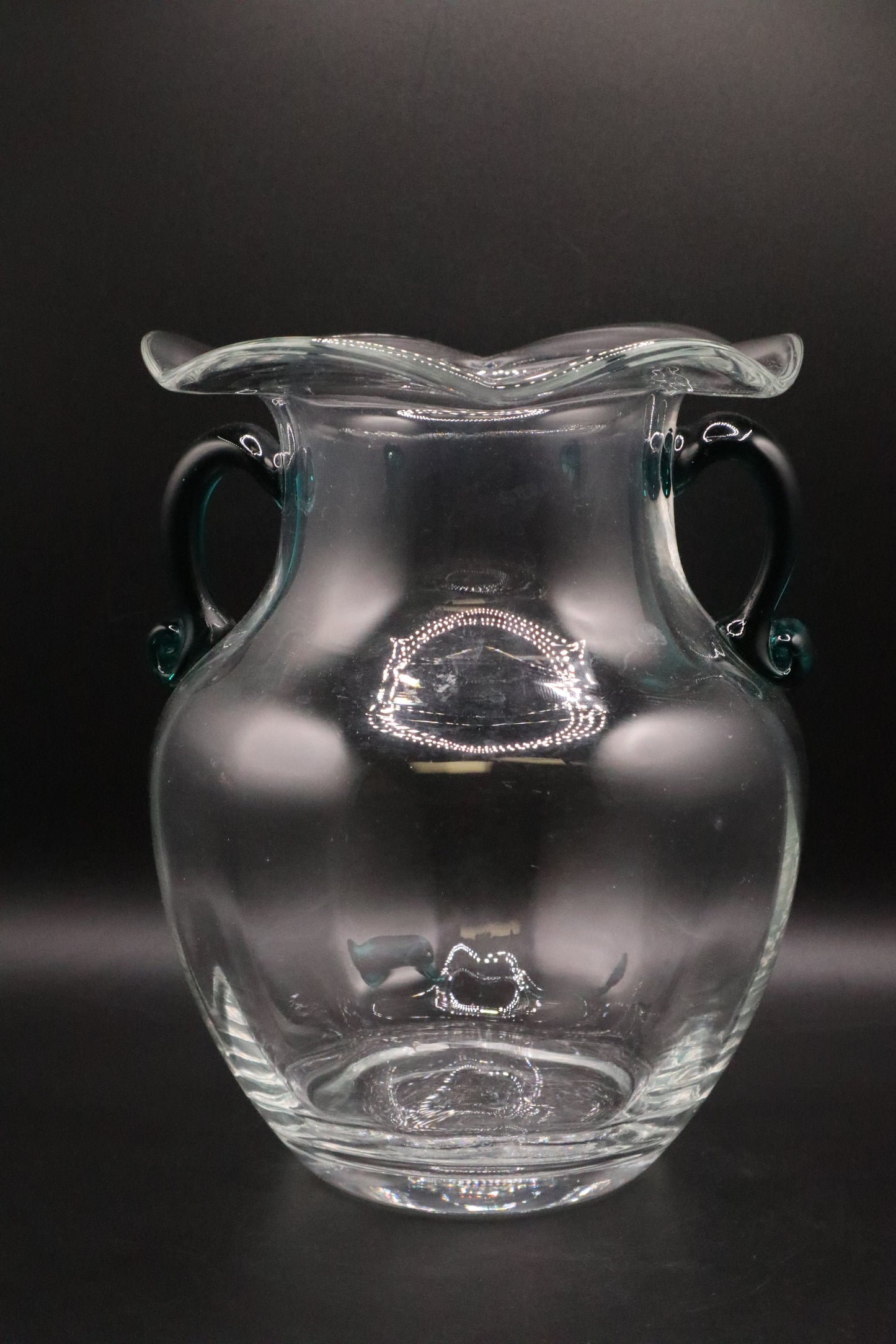ART GLASS VASE WITH GREEN HAND BLOWN APPLIED HANDLES
