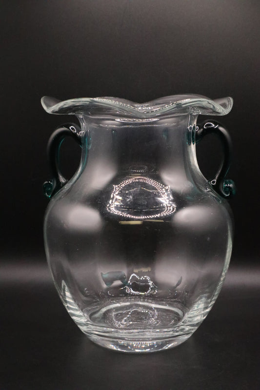 ART GLASS VASE WITH GREEN HAND BLOWN APPLIED HANDLES