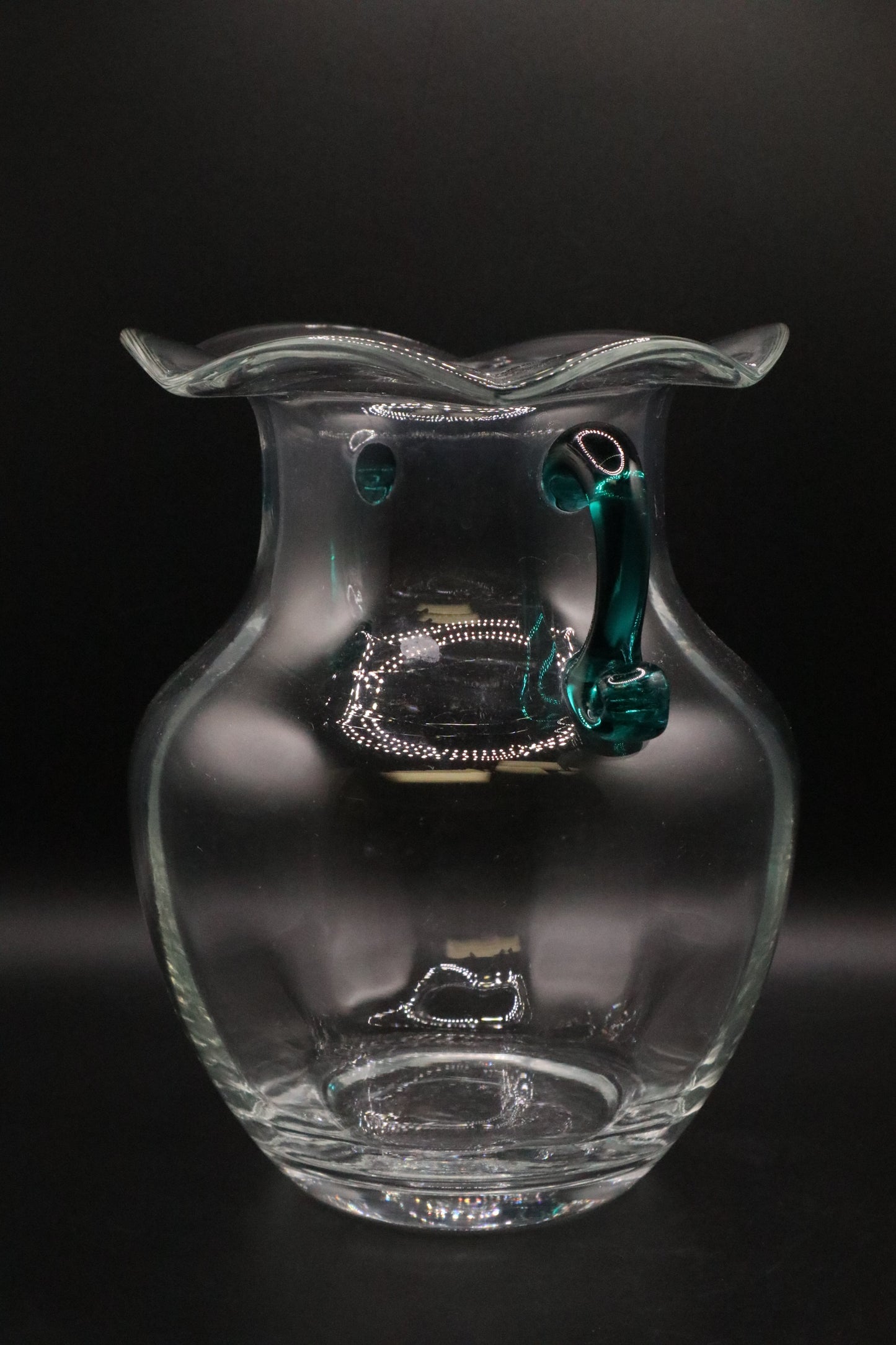 ART GLASS VASE WITH GREEN HAND BLOWN APPLIED HANDLES