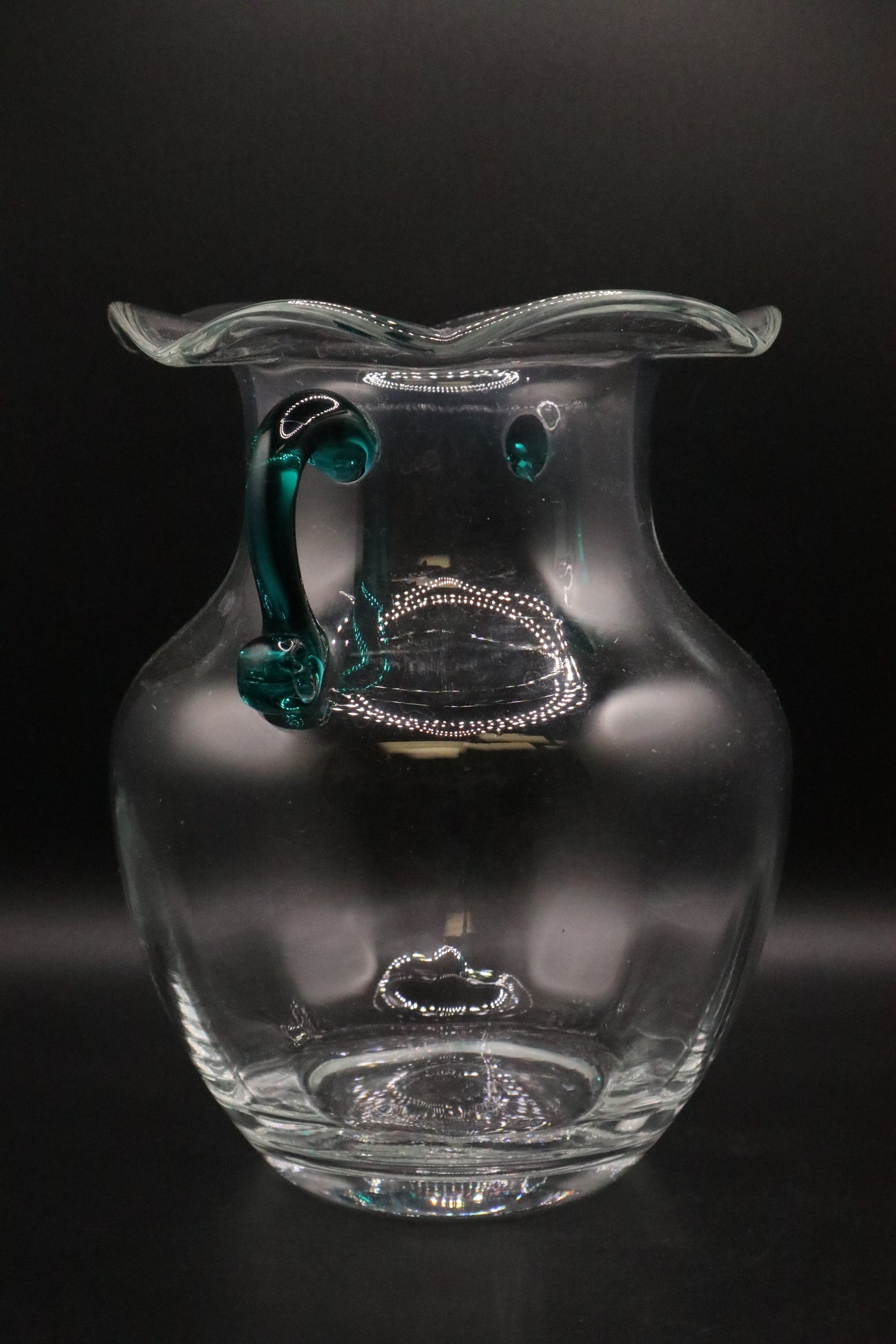 ART GLASS VASE WITH GREEN HAND BLOWN APPLIED HANDLES