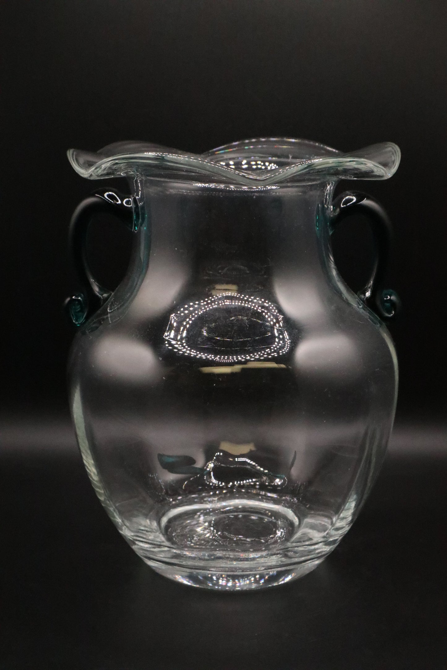 ART GLASS VASE WITH GREEN HAND BLOWN APPLIED HANDLES