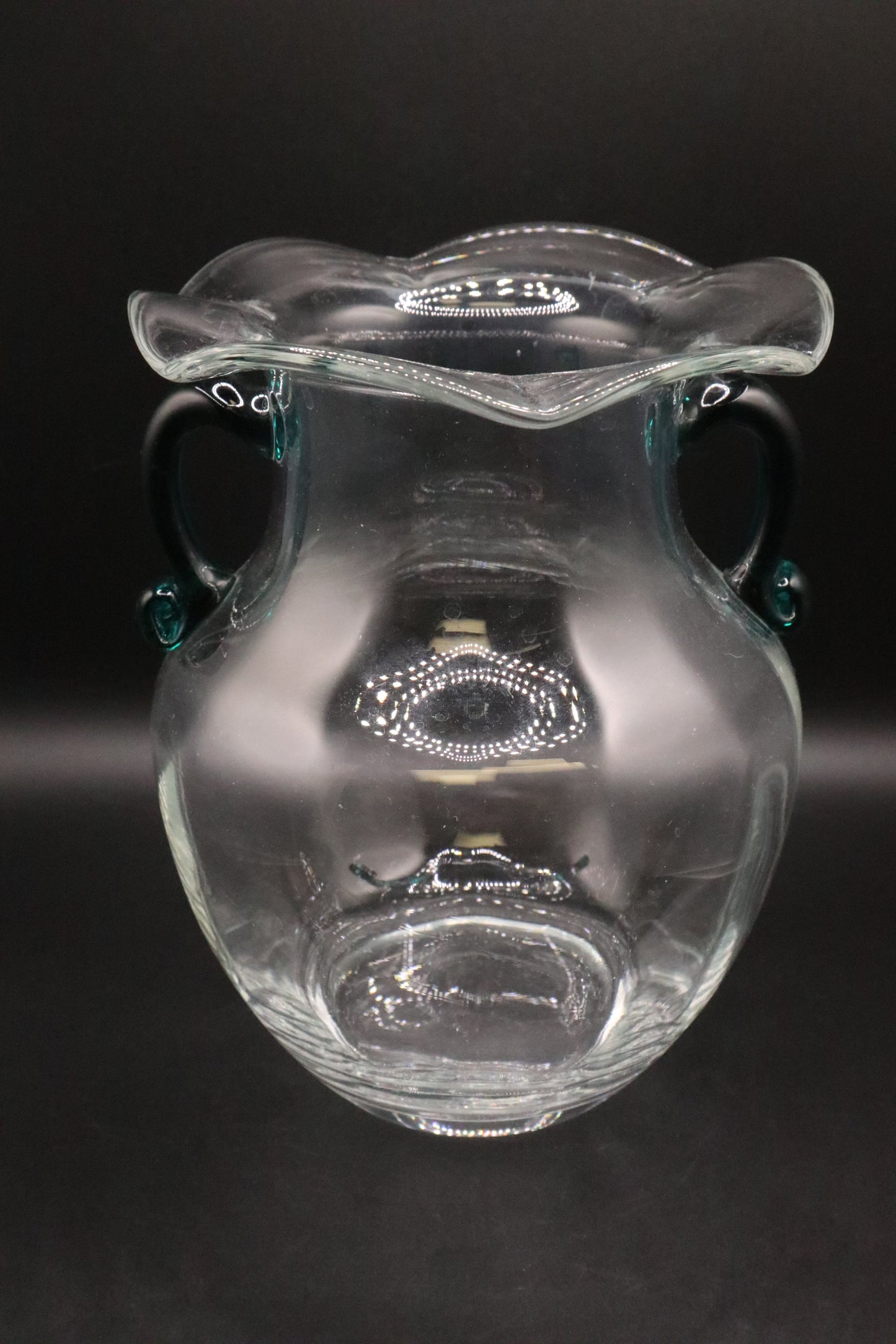 ART GLASS VASE WITH GREEN HAND BLOWN APPLIED HANDLES