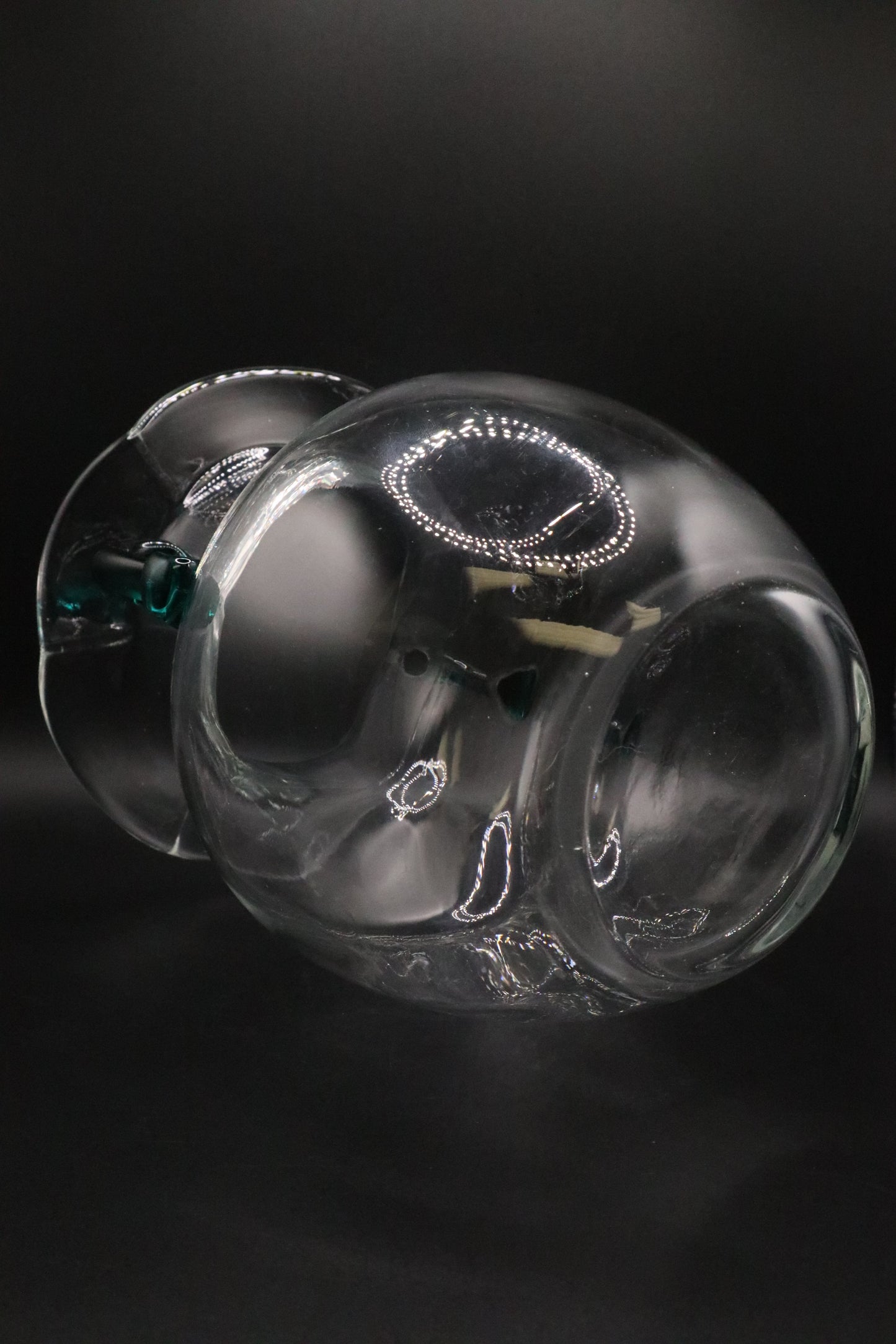 ART GLASS VASE WITH GREEN HAND BLOWN APPLIED HANDLES