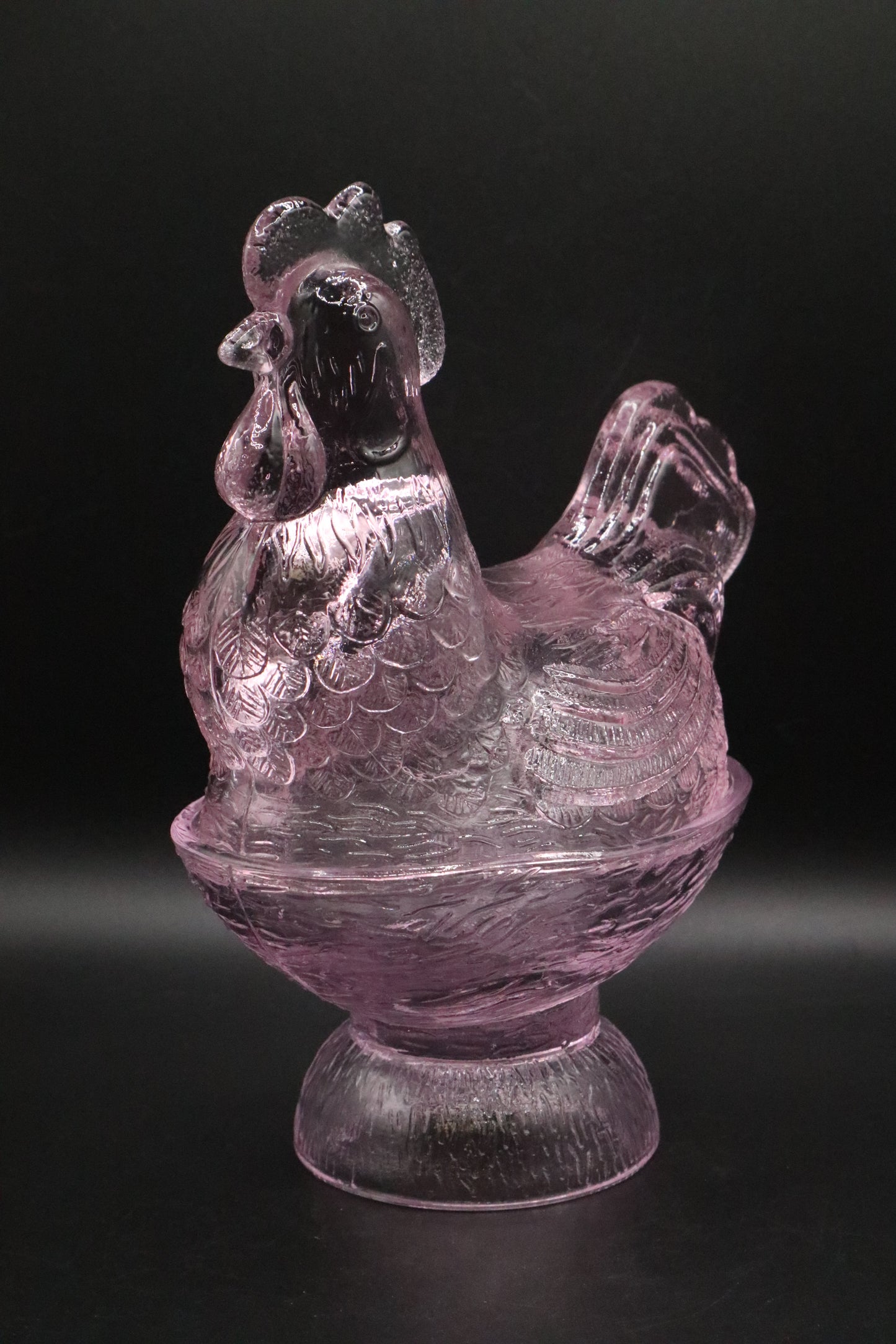 VINTAGE GLASS ROOSTER CANDY DISH PINK