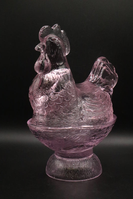 VINTAGE GLASS ROOSTER CANDY DISH PINK