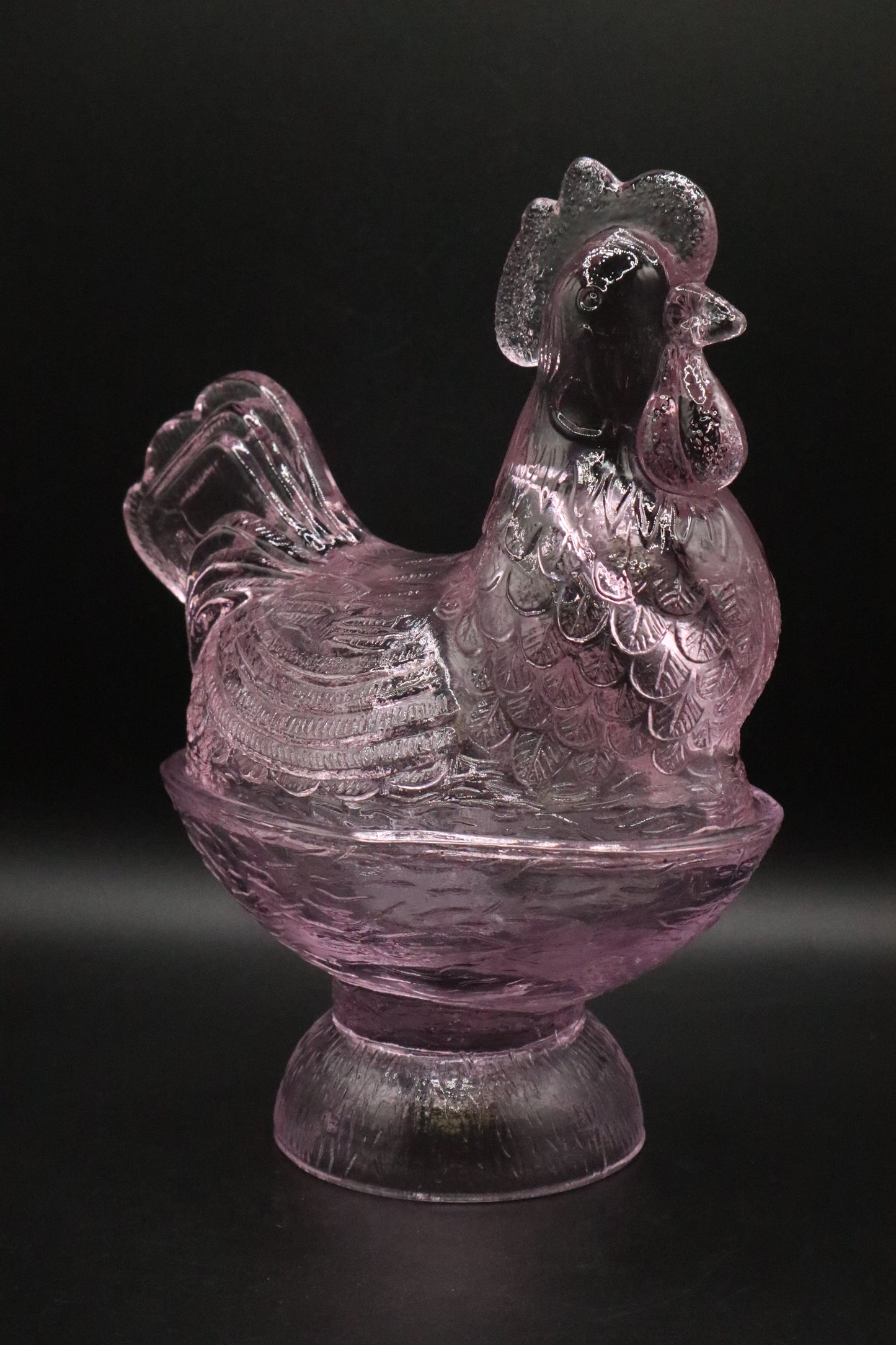 VINTAGE GLASS ROOSTER CANDY DISH PINK