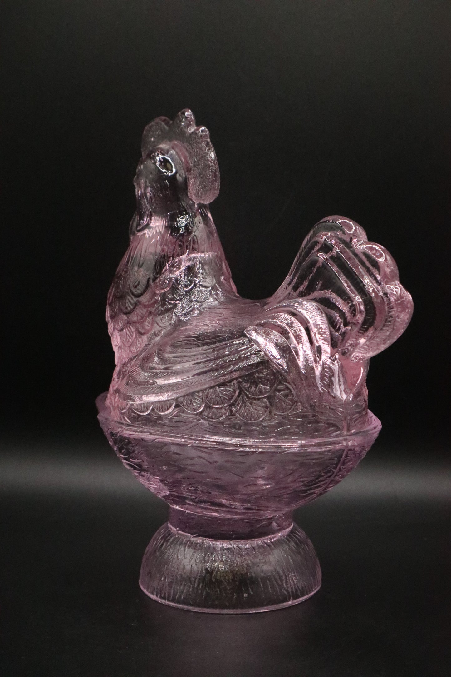 VINTAGE GLASS ROOSTER CANDY DISH PINK