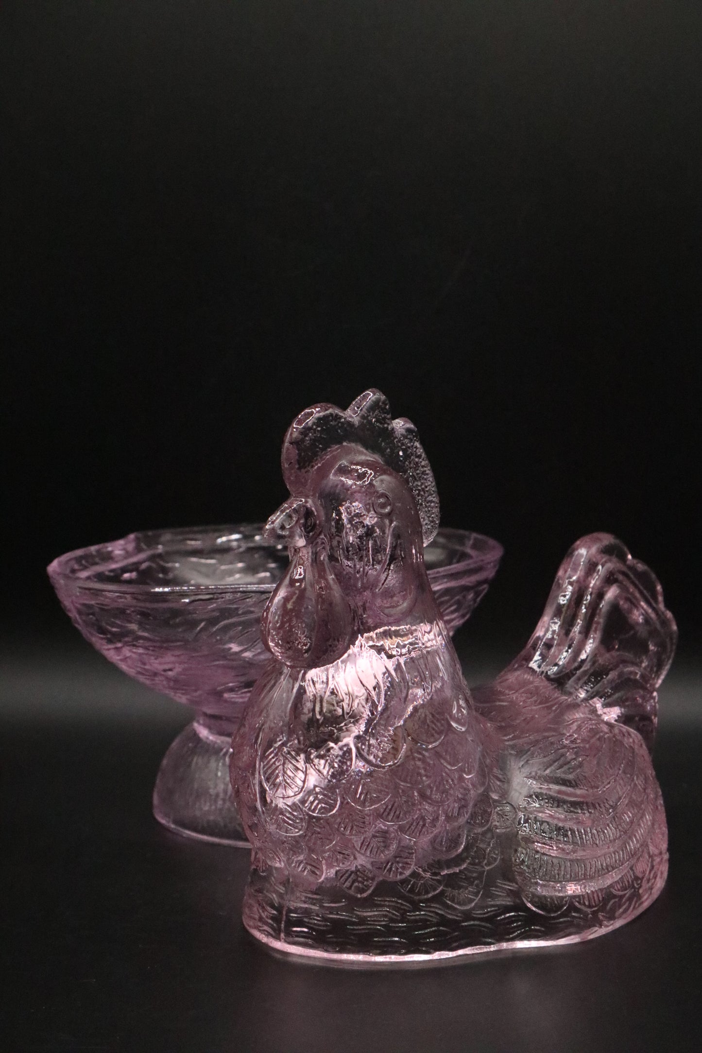 VINTAGE GLASS ROOSTER CANDY DISH PINK