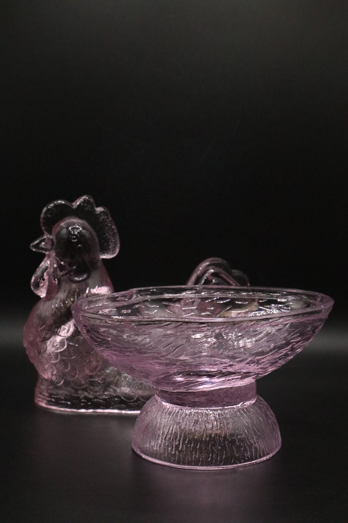 VINTAGE GLASS ROOSTER CANDY DISH PINK