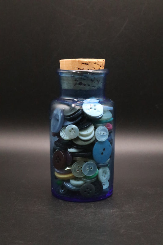 VINTAGE GLASS APOTHECARY JAR WITH VINTAGE BUTTONS