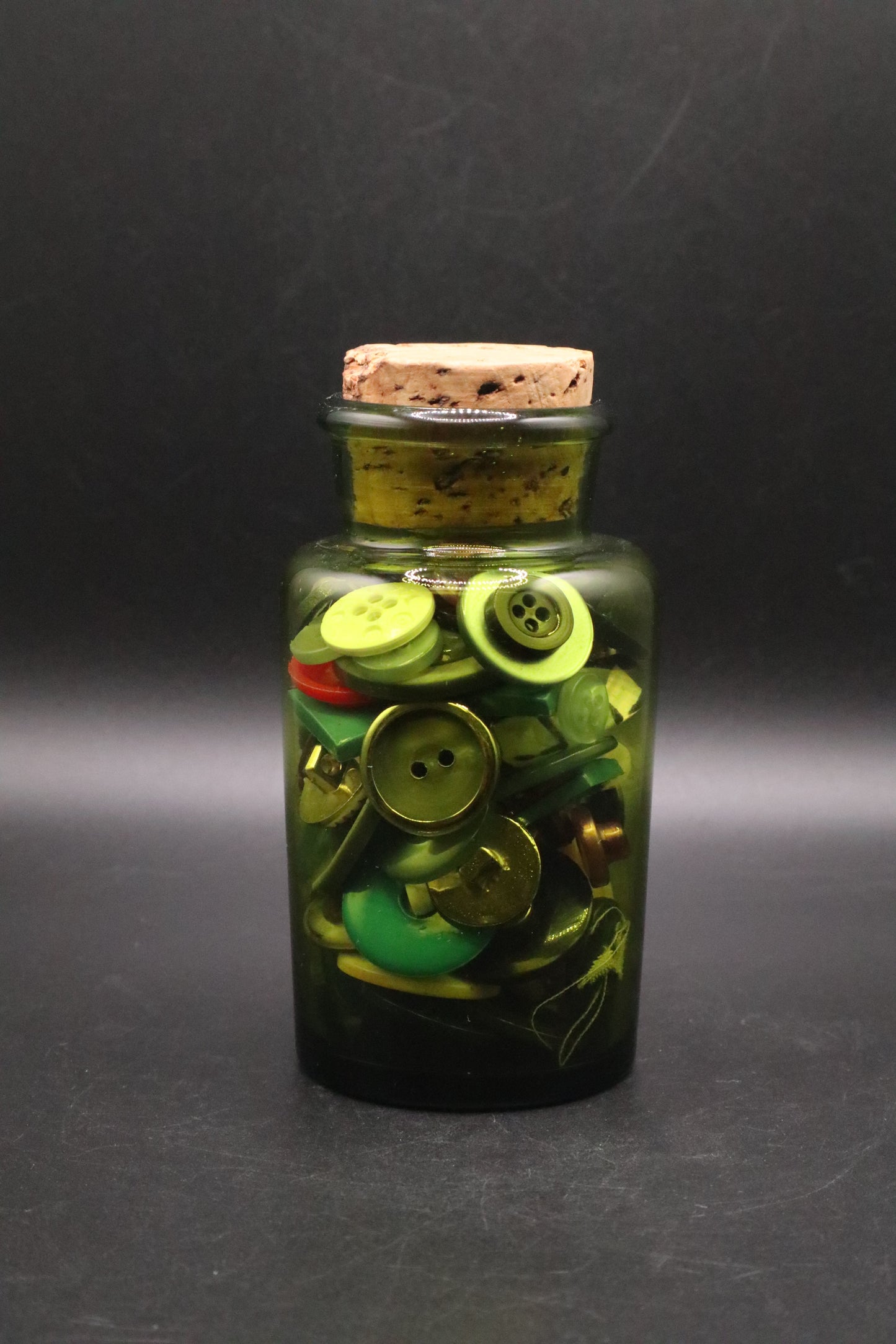 VINTAGE GLASS APOTHECARY JAR WITH VINTAGE BUTTONS