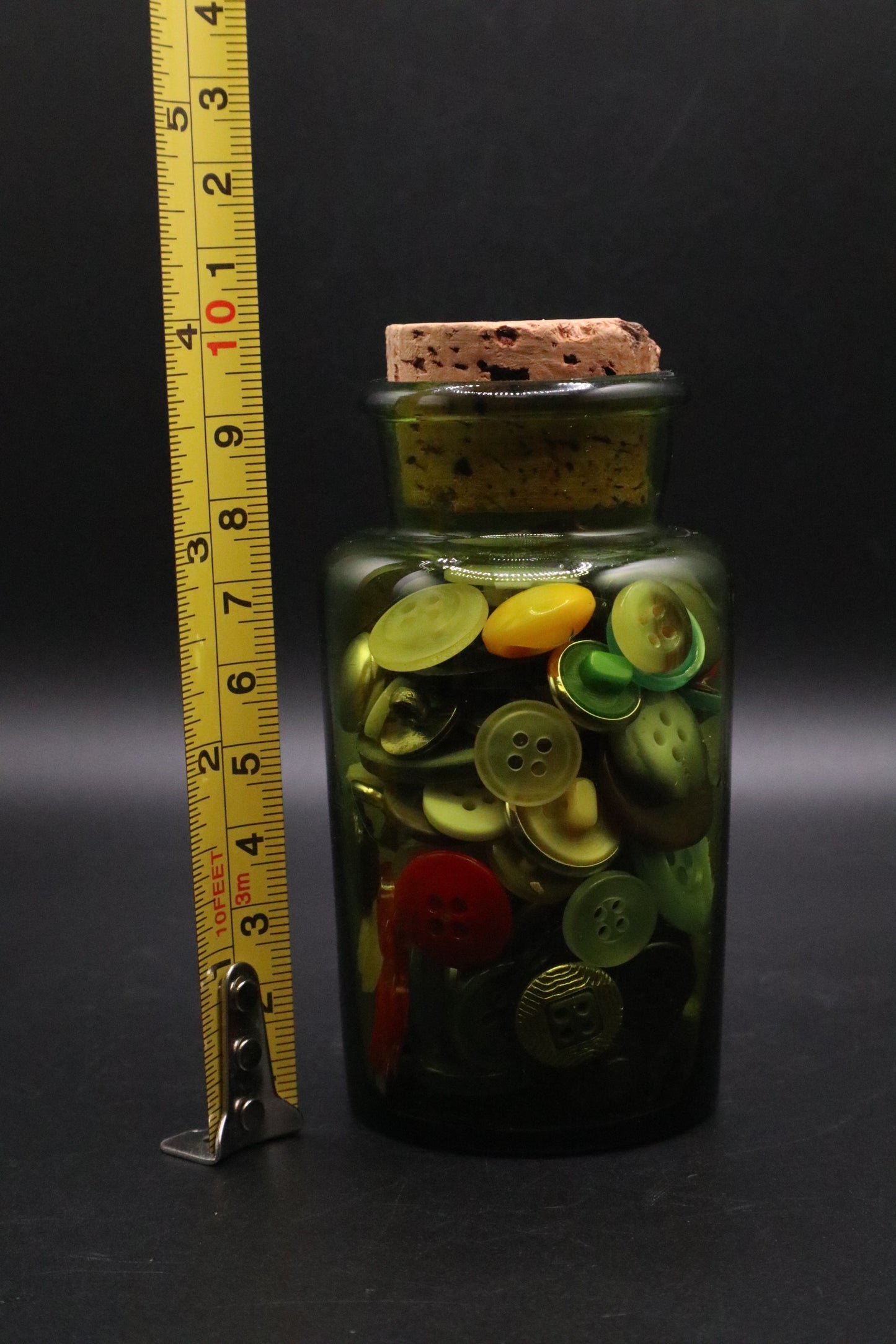 VINTAGE GLASS APOTHECARY JAR WITH VINTAGE BUTTONS