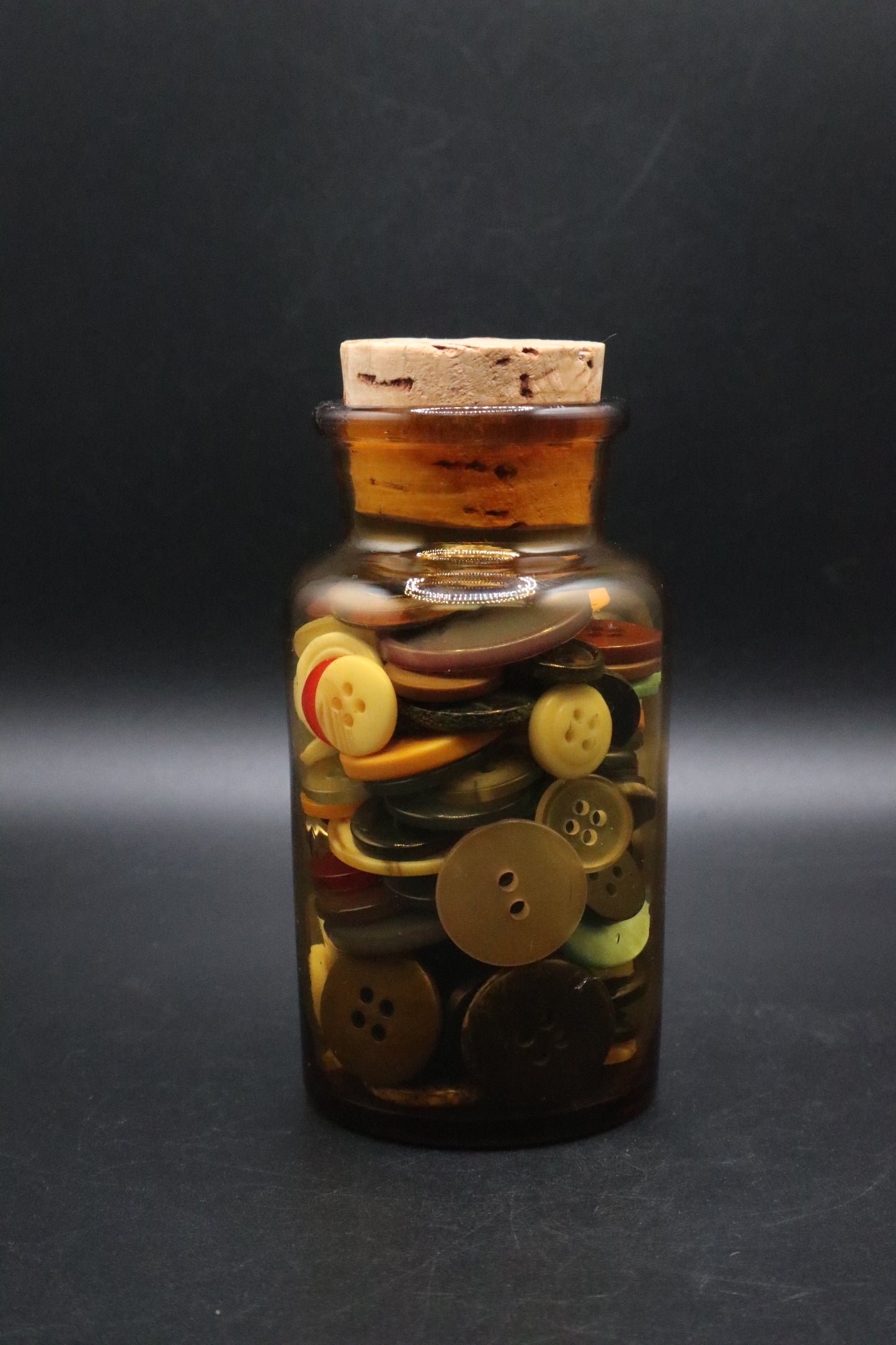 VINTAGE GLASS APOTHECARY JAR WITH VINTAGE BUTTONS