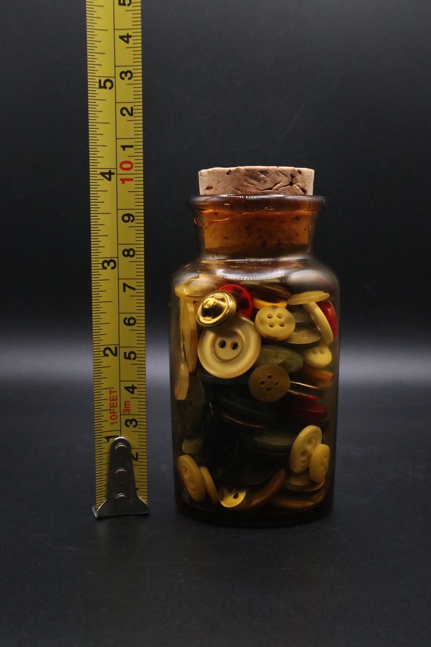 VINTAGE GLASS APOTHECARY JAR WITH VINTAGE BUTTONS