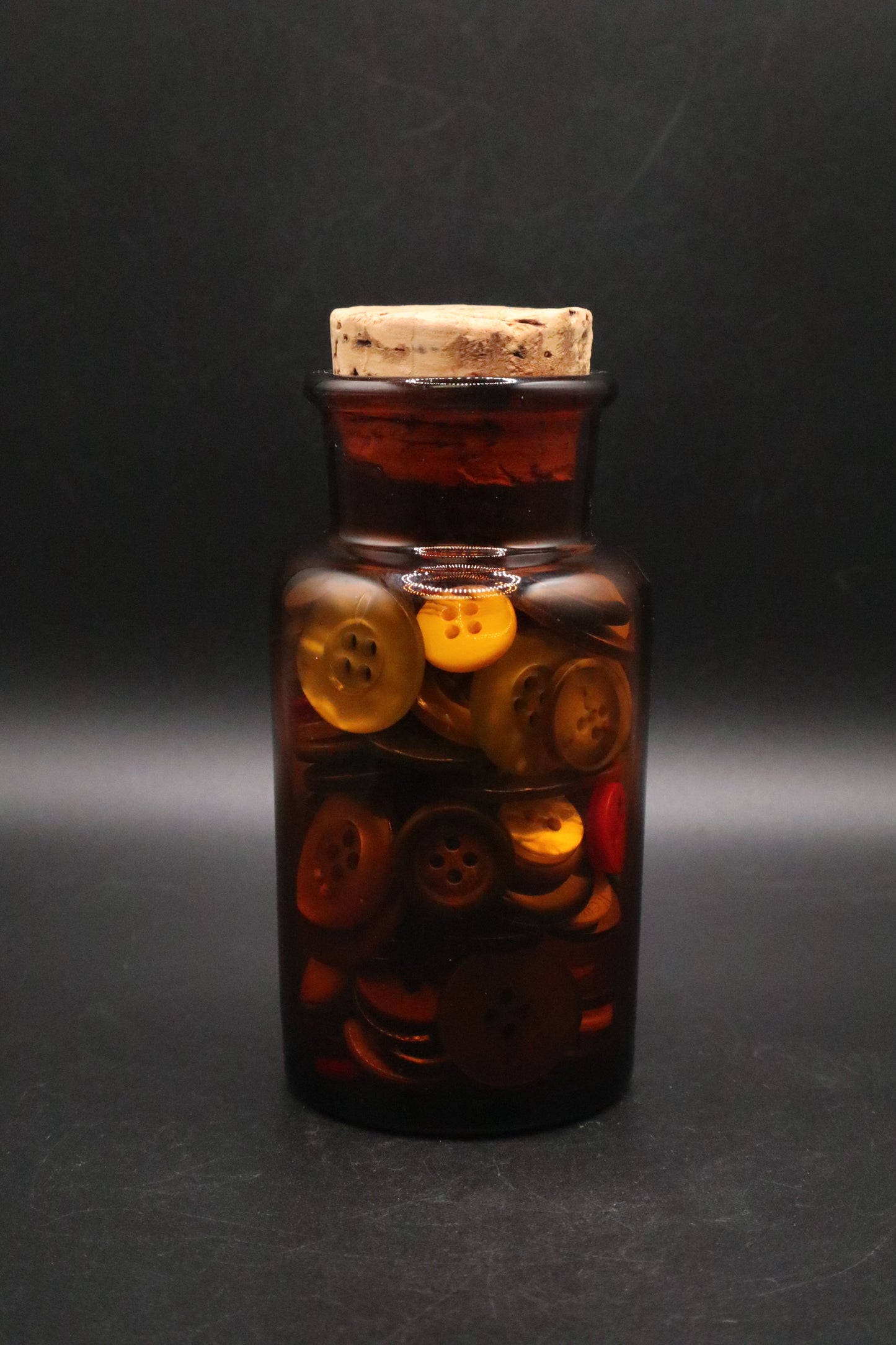 VINTAGE GLASS APOTHECARY JAR WITH VINTAGE BUTTONS