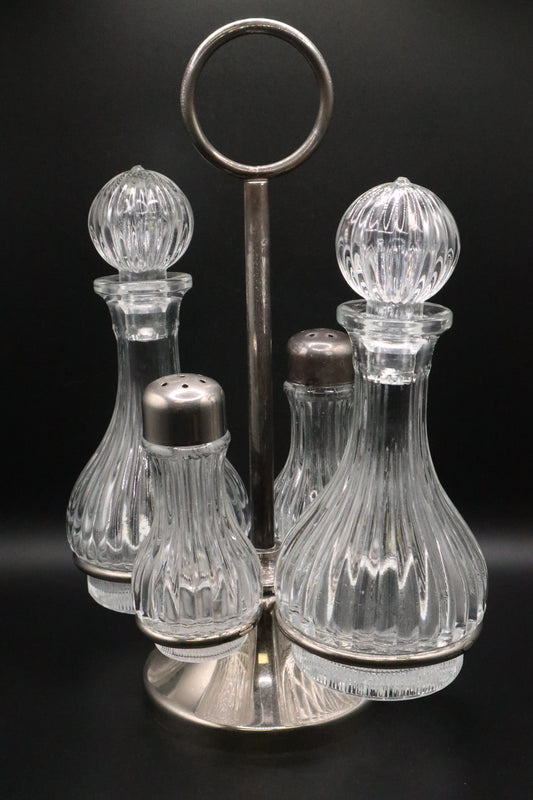 VINTAGE SILVER PLATE 5 PC CRYSTAL CRUET