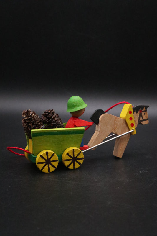 VINTAGE GERMAN STEINBACH VOLKSKUNST WOODEN WAGON BOY WITH PINE CONES AND HORSE