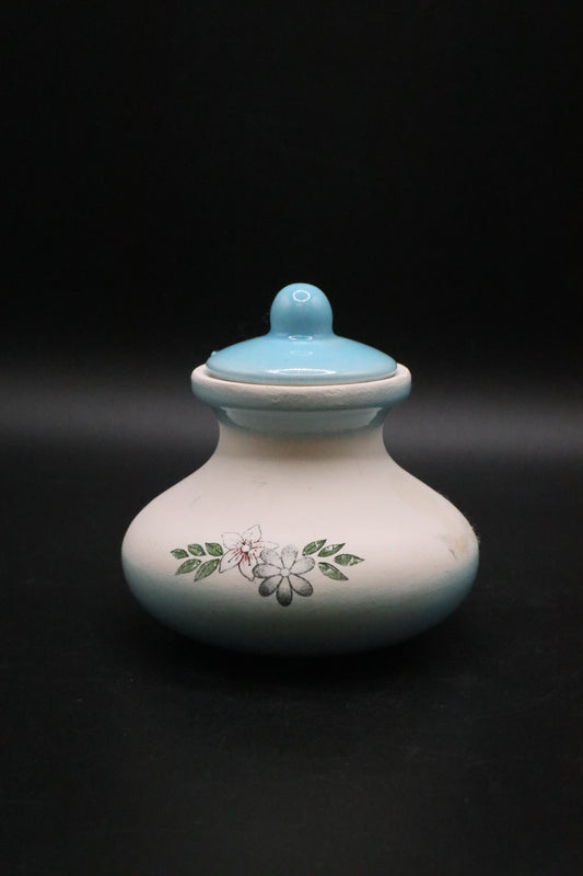 VINTAGE CERAMIC ROUND BOTTOM FLORAL DESIGN SMALL JAR WITH LID