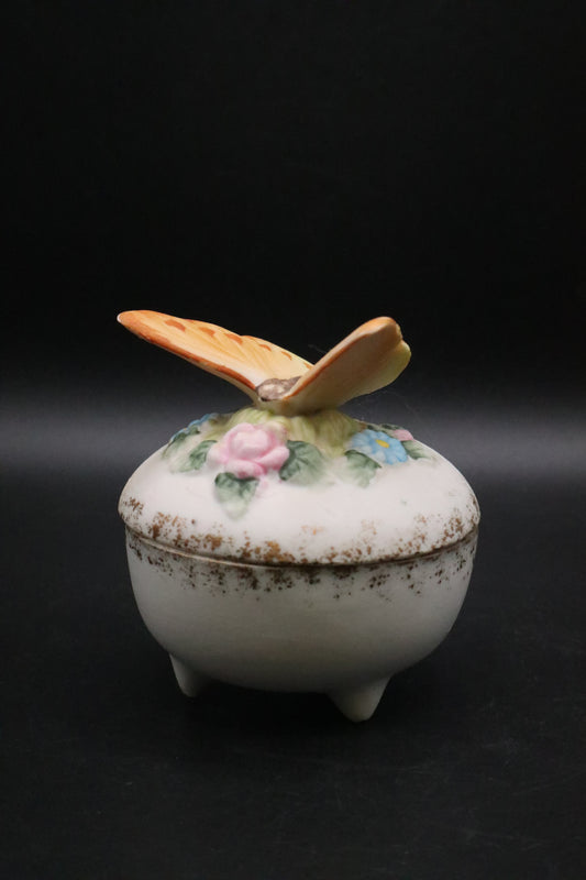 VINTAGE BUTTERFLY FLORAL PORCELAIN FOOTED TRINKET BOX