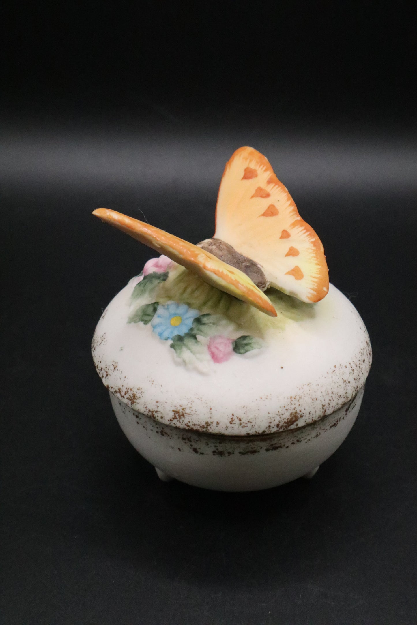 VINTAGE BUTTERFLY FLORAL PORCELAIN FOOTED TRINKET BOX