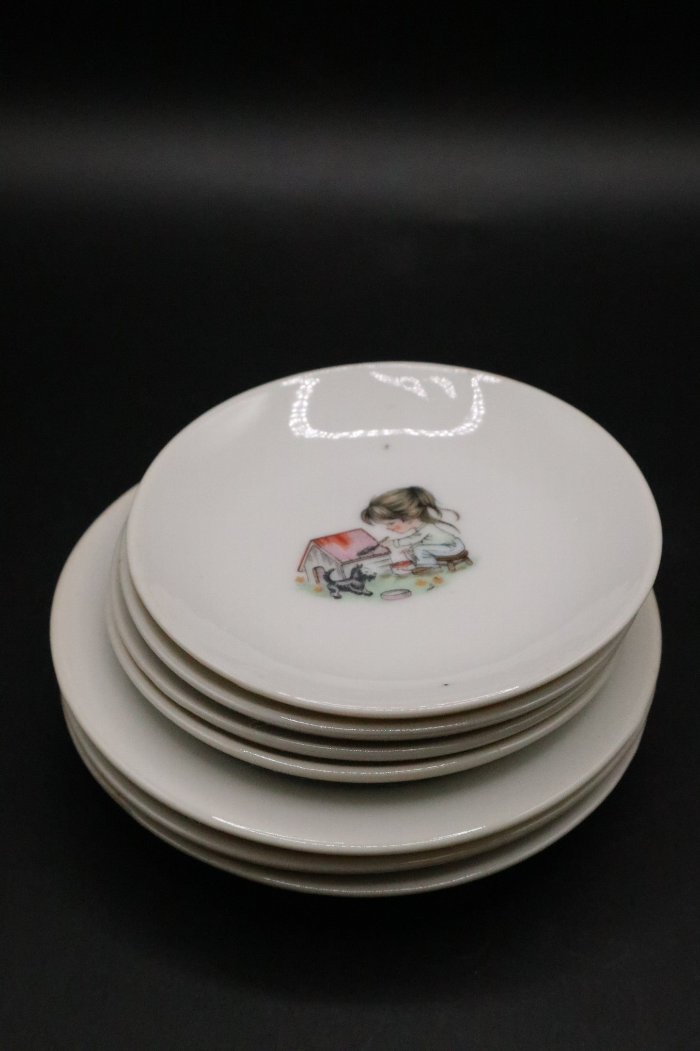 VINTAGE JAPAN CHILD'S PLATES WITH GIRL AND SCOTTIE DOG DESIGN