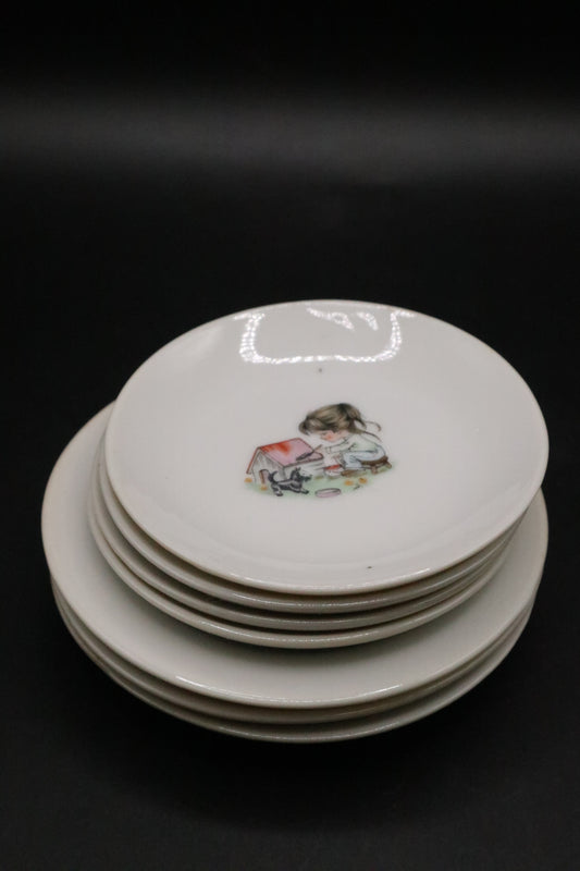 VINTAGE JAPAN CHILD'S PLATES WITH GIRL AND SCOTTIE DOG DESIGN