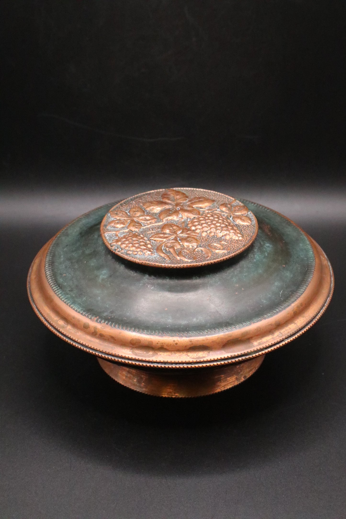 VINTAGE JUDAICA COPPER AND VERDIGRIS BOWL WITH LID