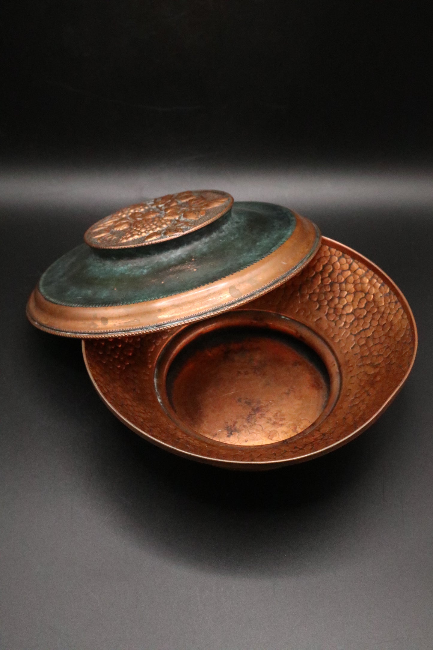 VINTAGE JUDAICA COPPER AND VERDIGRIS BOWL WITH LID