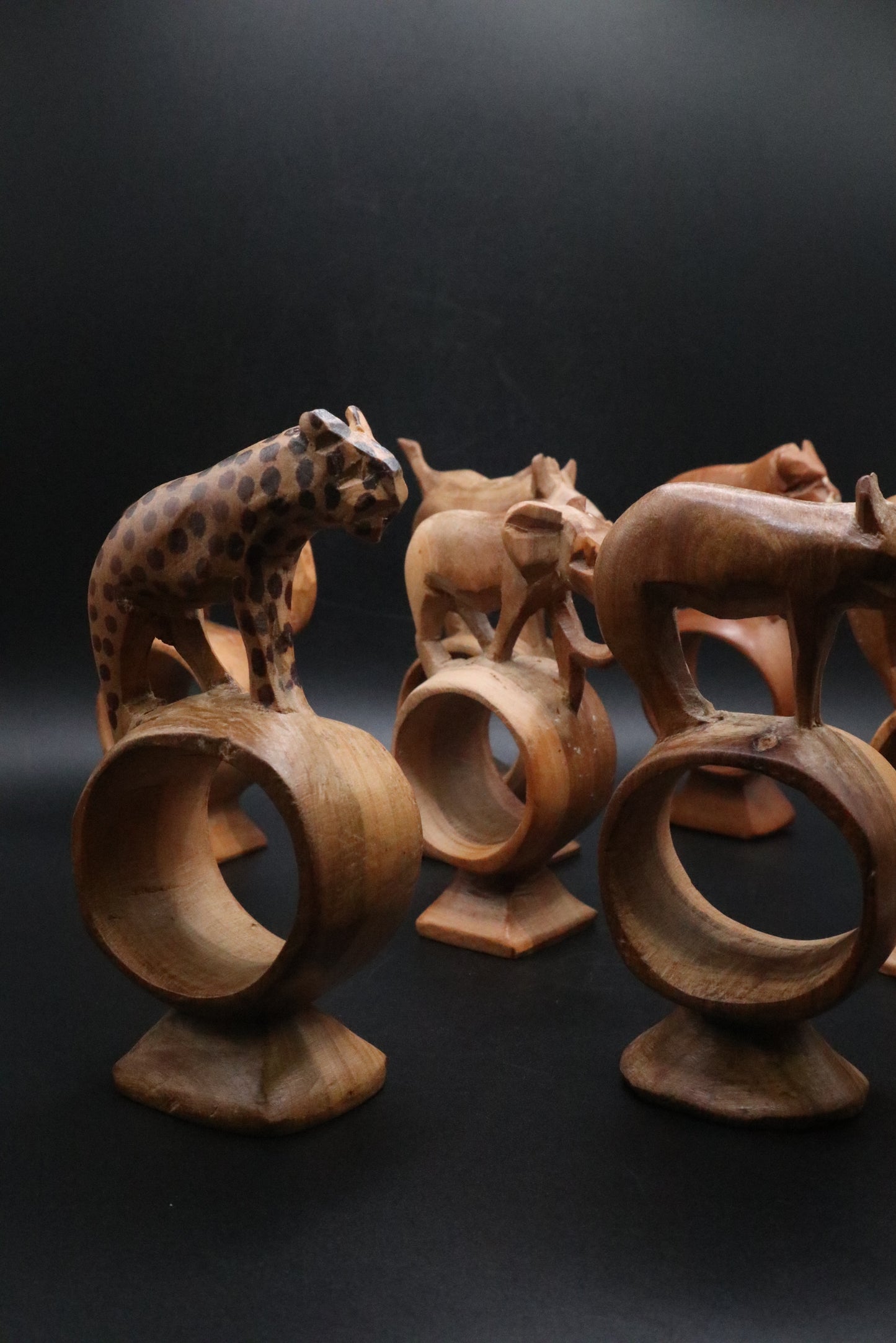 HAND CARVED WOODEN ANIMAL NAPKIN RINGS KENYA SET OF 7