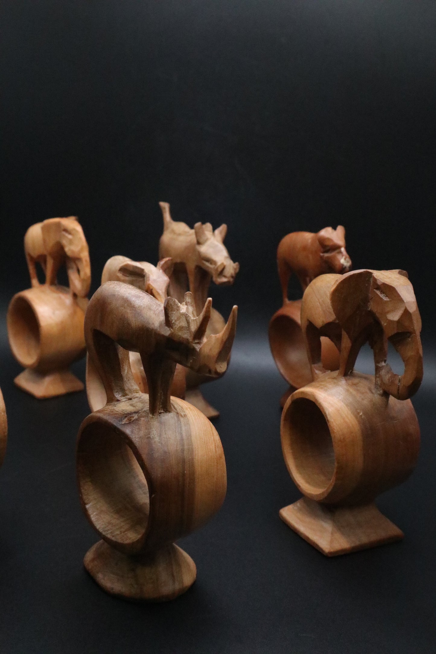 HAND CARVED WOODEN ANIMAL NAPKIN RINGS KENYA SET OF 7